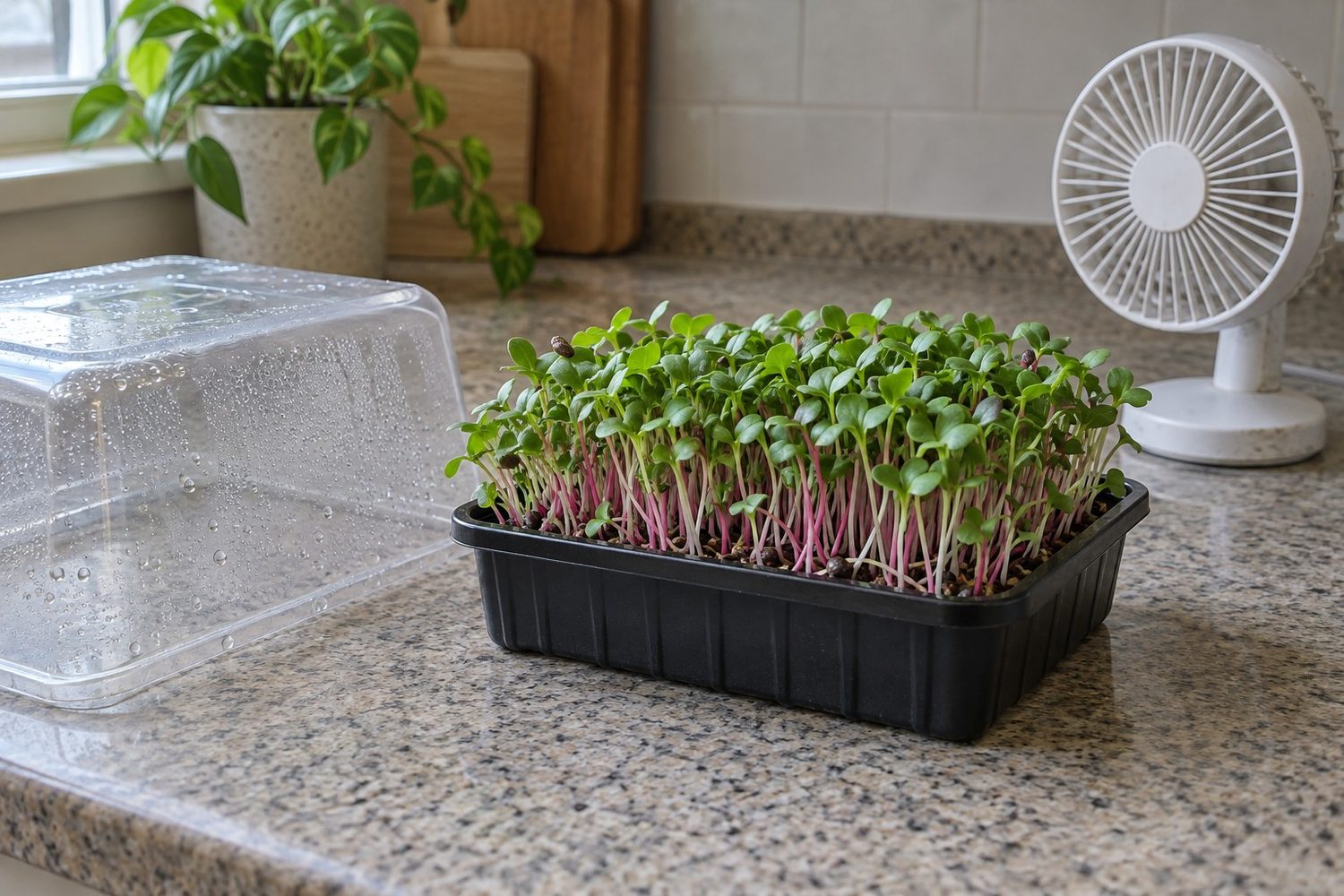 Kit tray of radish microgreens with pink stems and green leaves, its clear dome set beside it on the counter, and a small plain desk fan nearby