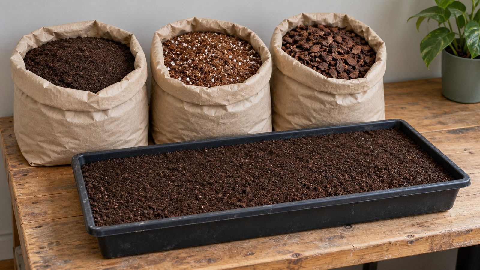Potting bench with three open plain bags of growing mix, a fine dark peat mix, a brown coir mix with white perlite and a coarse mix with bark pieces, beside a black tray filled level with the fine mix