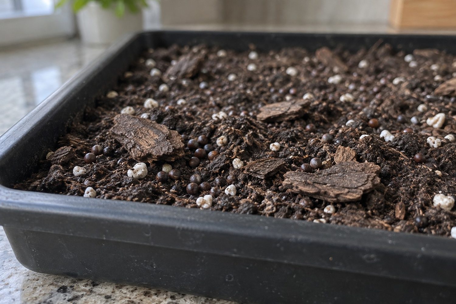 Thin layer of potting mix in a shallow tray with a few coarse bark pieces and white perlite on the surface and small seeds scattered unevenly between them