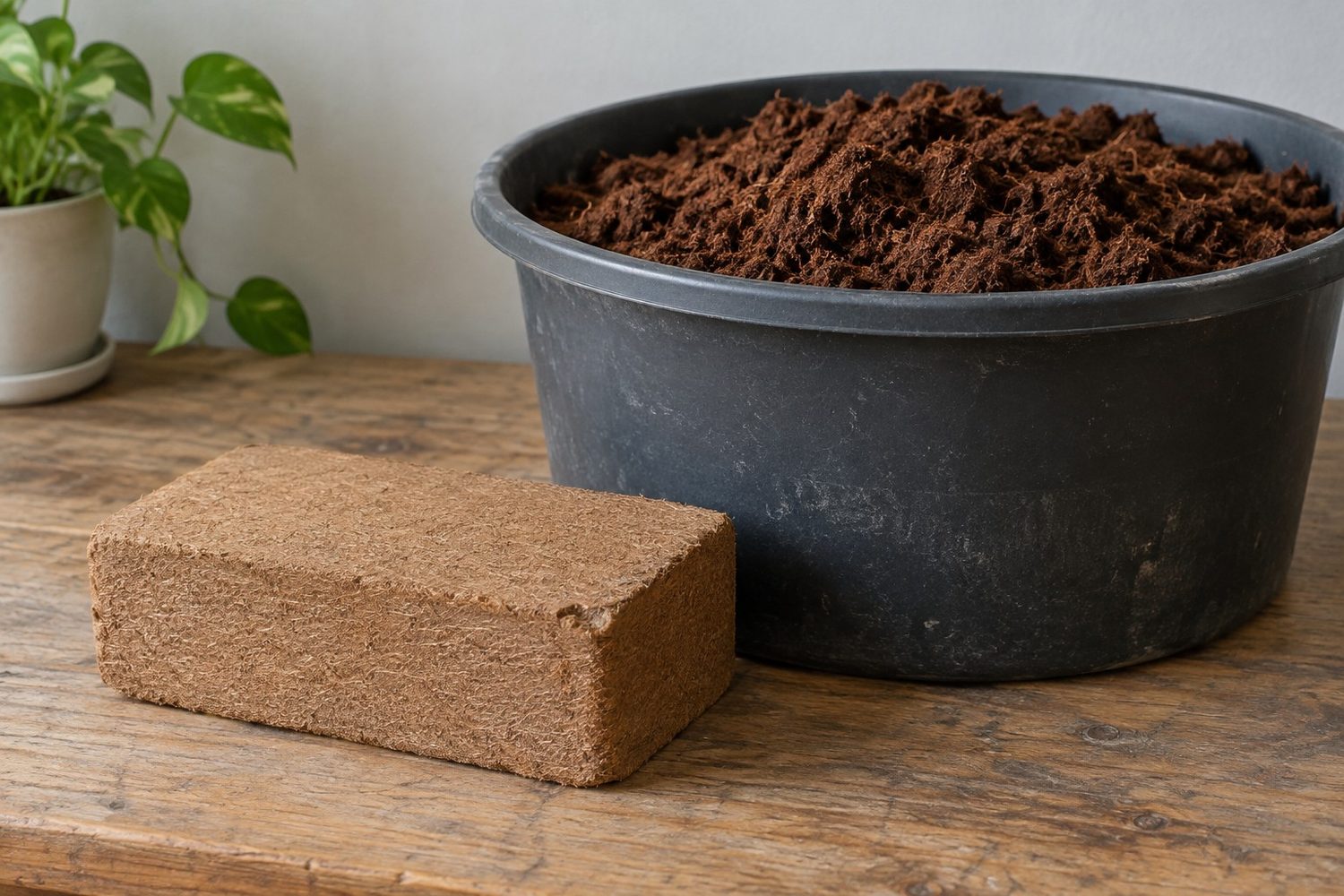 Dry compressed coco coir brick on a wooden bench beside a large tub filled with dark brown moist loose expanded coir