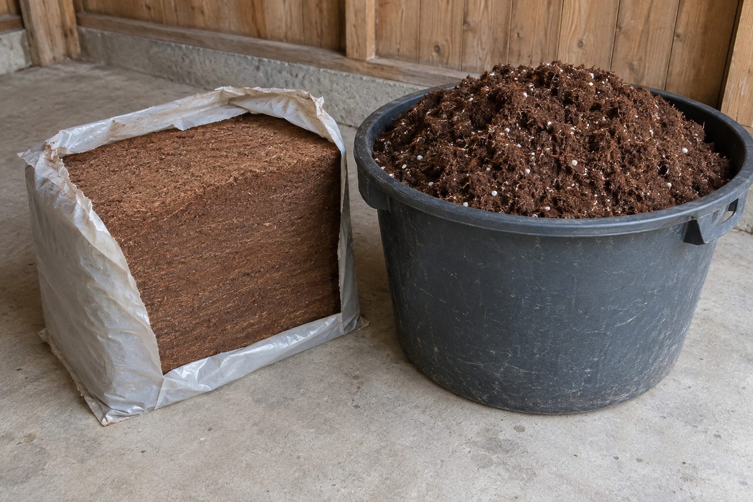 Dense rectangular block of compressed peat mix in a cut open plain wrapper beside a large tub heaped with the same mix loosened and fluffy