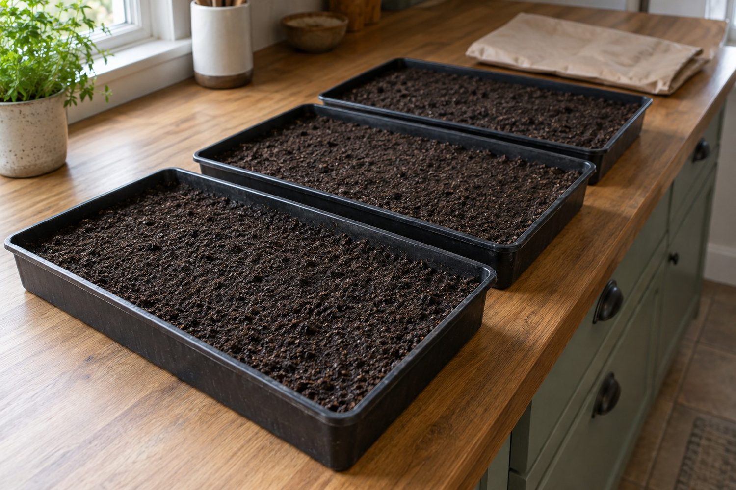 Three shallow black trays in a row on a bench, each filled level with fine moist seed starting mix, beside an empty plain bag folded flat