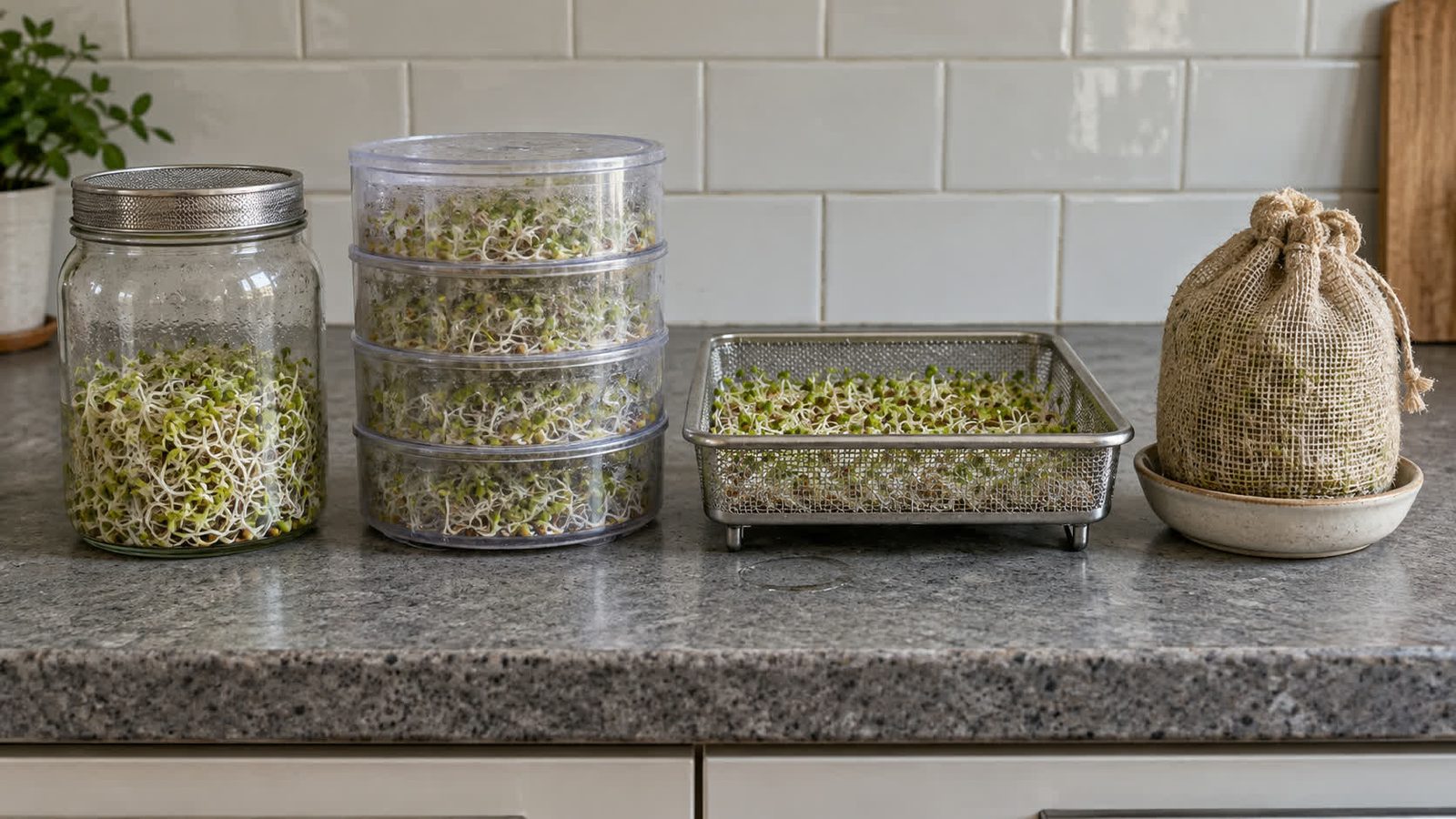 Row of four sprouting vessels on a kitchen counter holding sprouts: a glass jar with a steel mesh lid, a round four tier plastic tray, a rectangular steel mesh tray and a hemp bag