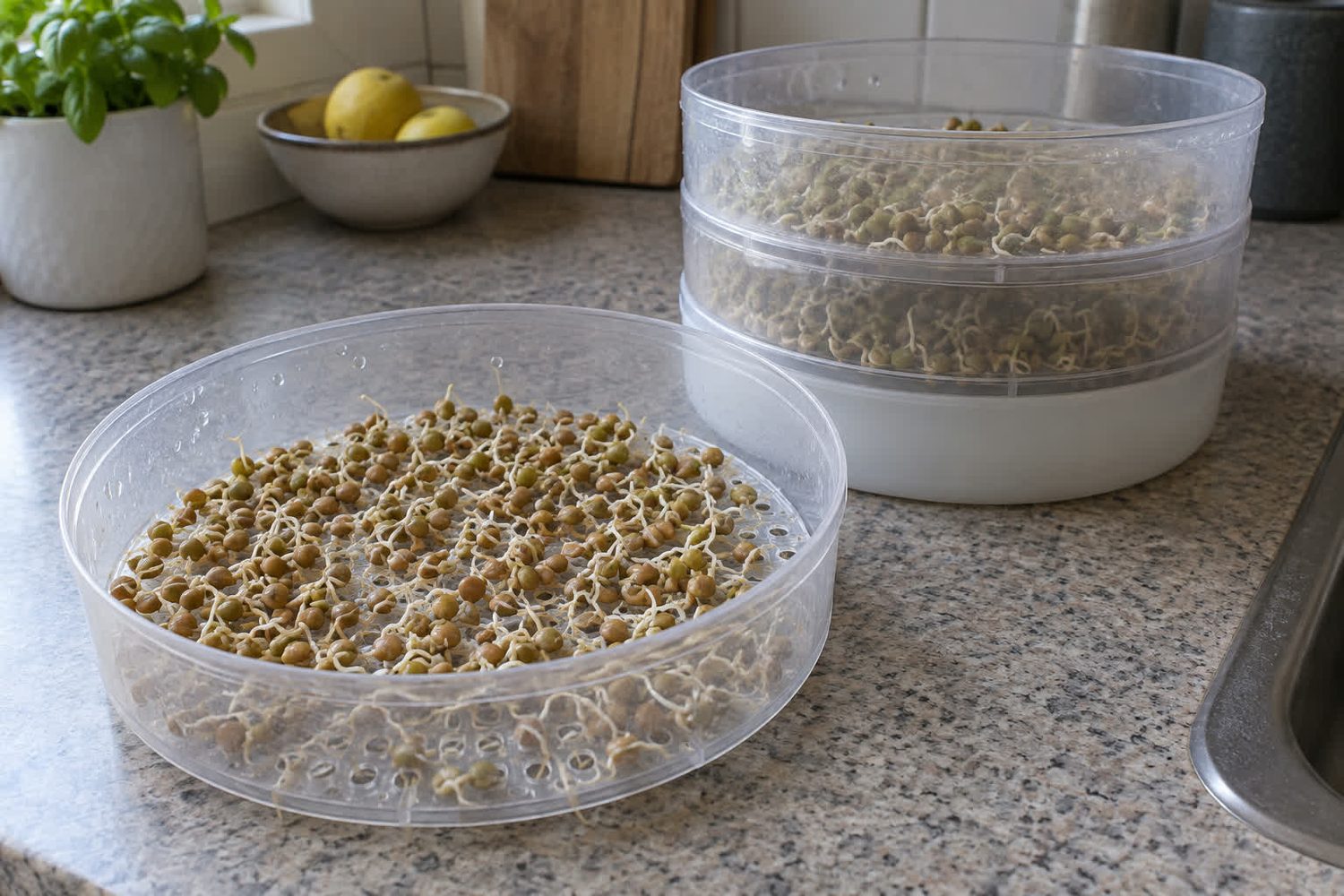 Round stacked plastic sprouting tray on a counter with its top tier set beside the stack, holding lentil sprouts spread over a perforated floor, a shallow collection tray at the base