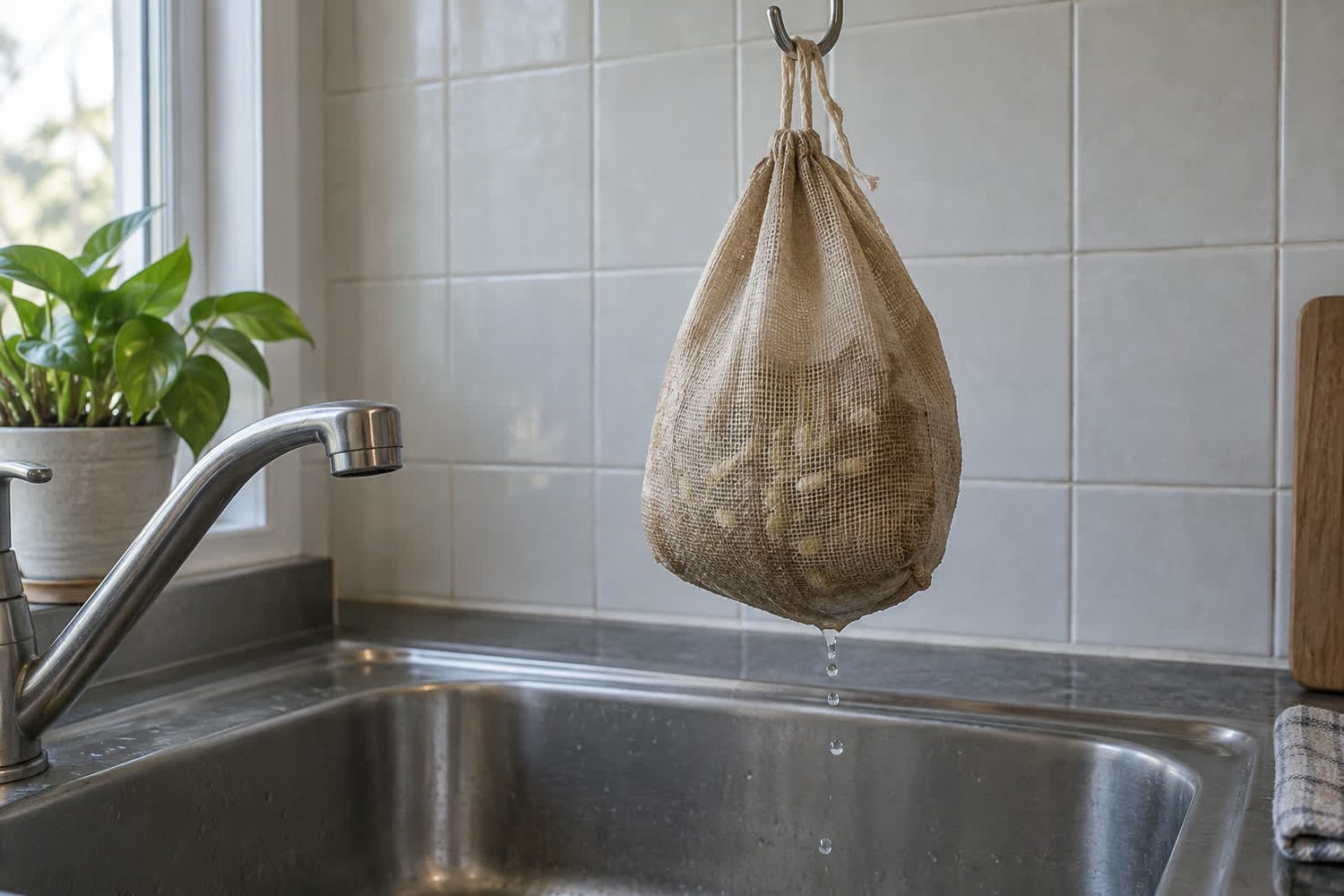 Damp natural hemp sprouting bag filled with mung bean sprouts hanging from a hook above a stainless kitchen sink, drops of water falling from its base