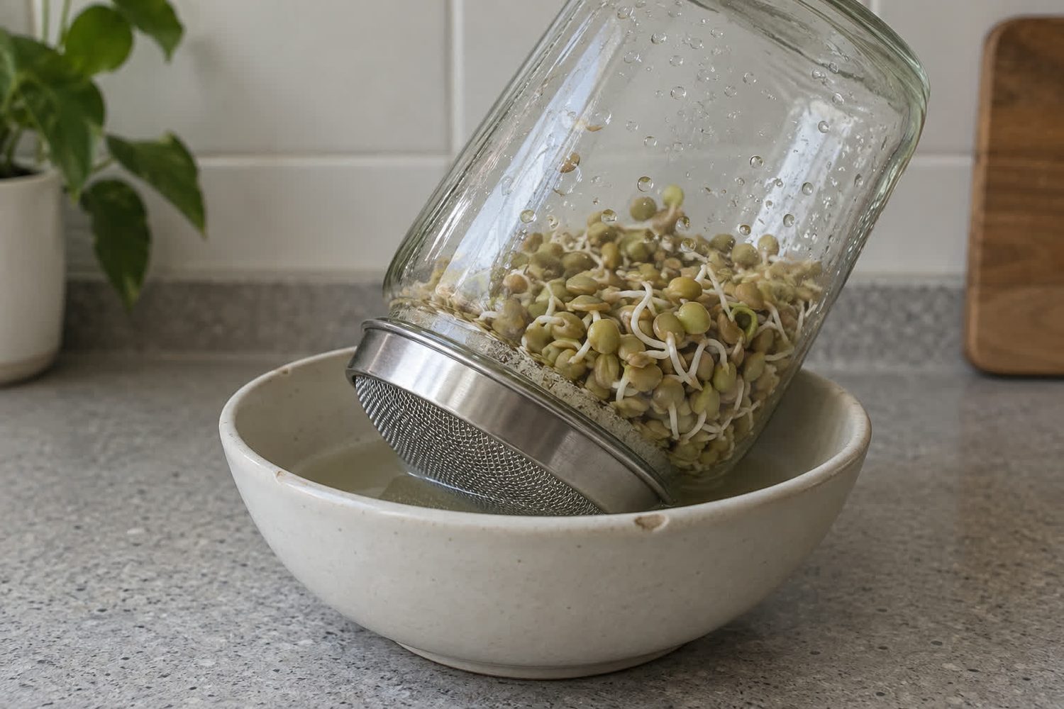 Wide mouth glass jar of lentil sprouts with a mesh lid propped upside down at an angle in a small ceramic bowl, a little drained water in the bowl