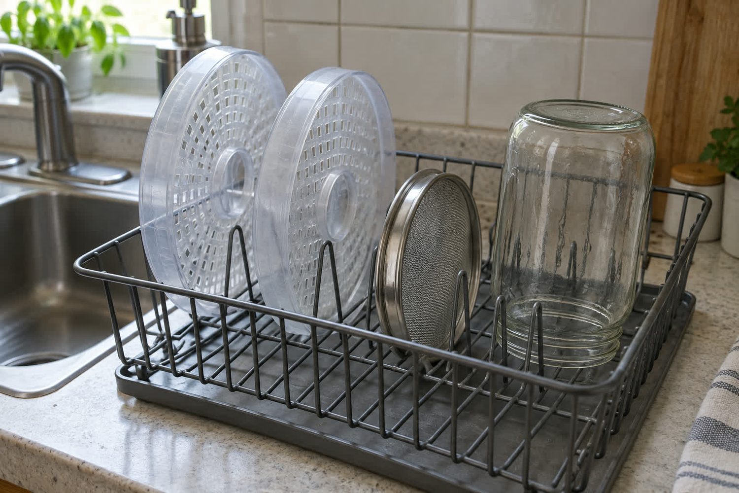 Two separated plastic sprouting tray tiers, a stainless steel mesh lid and an empty upside down glass jar air drying on a dish rack beside a sink
