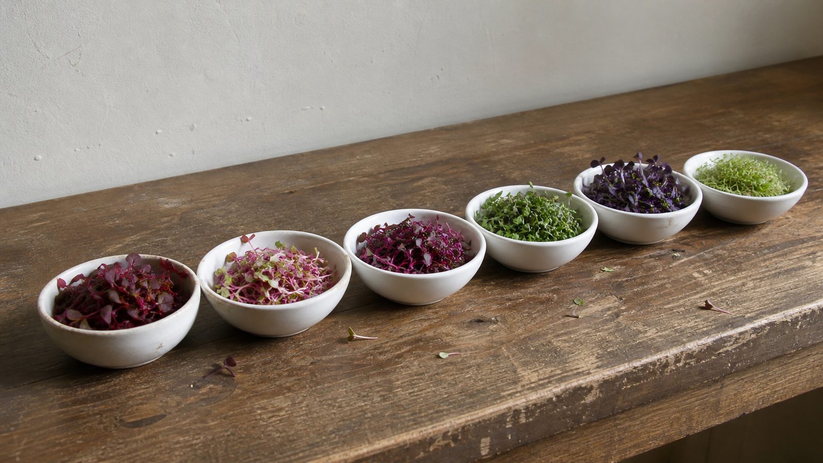 Six small plain white bowls arranged in a row along a worn bench, each holding a different cut microgreen, deep red bull's blood beet, pink stemmed radish, crimson amaranth, dark green mustard, purple opal basil and fine pale cress, photographed from slightly above in flat daylight