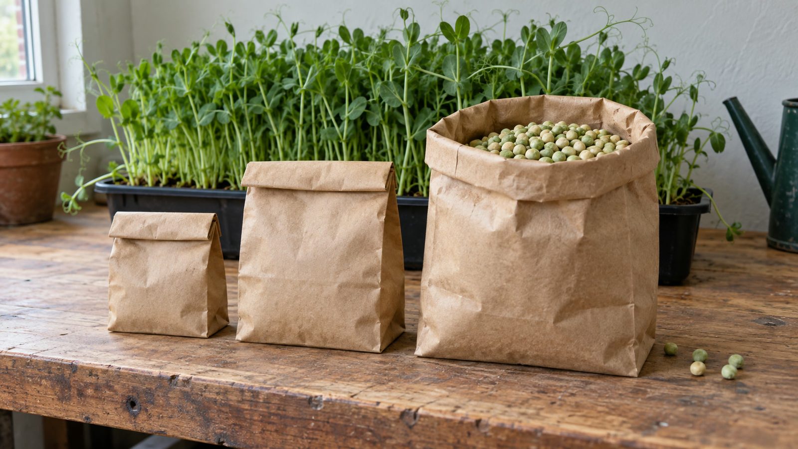 Three plain brown paper seed bags in small, medium and large sizes standing in a row on a wooden workbench, the large bag folded open and full of round pale pea seed, with a shallow tray of tall green pea shoots behind them