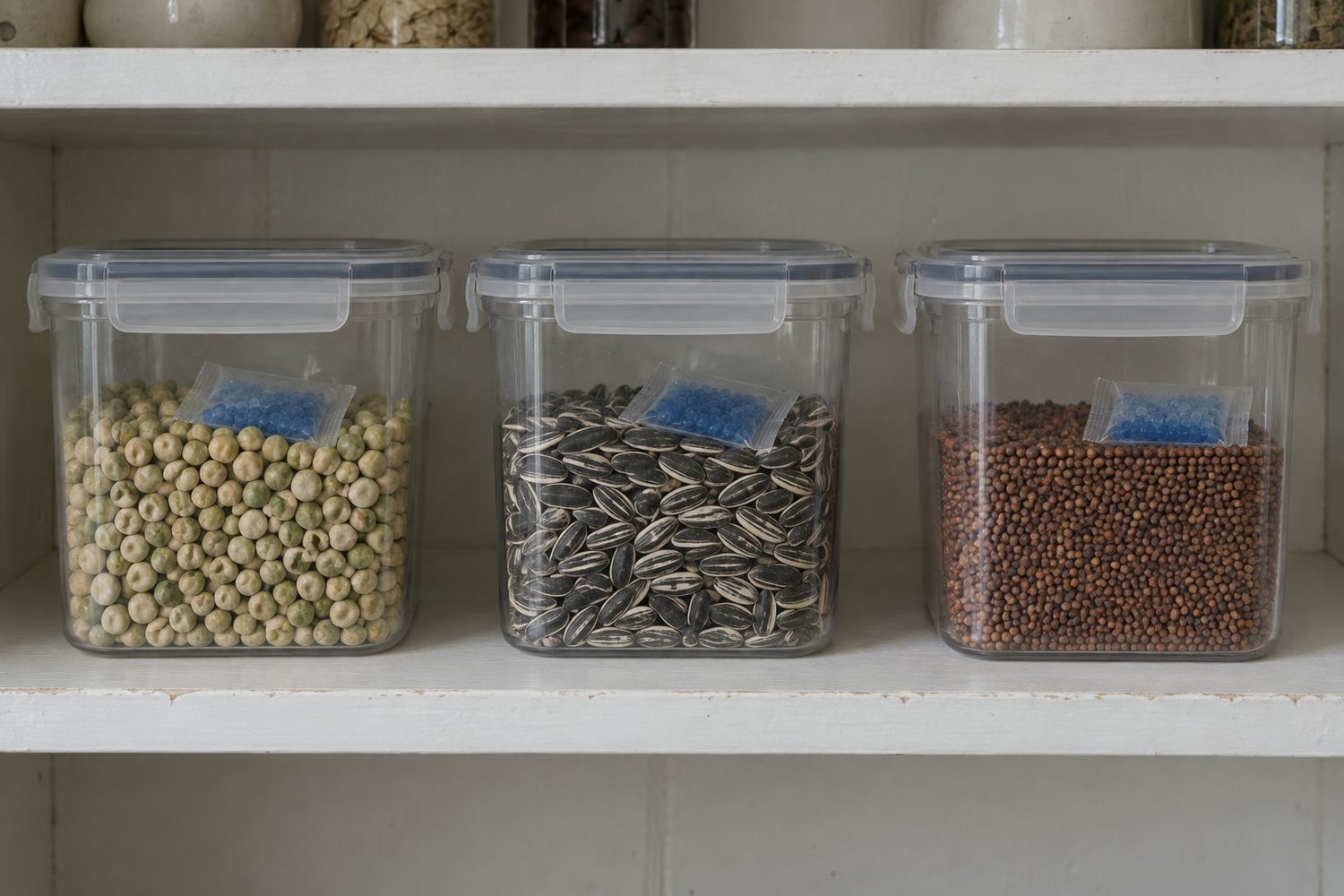 Three airtight clear plastic storage bins on a pantry shelf holding pale pea seeds, striped sunflower seeds and small reddish radish seeds, each with a small blue silica gel packet resting on top of the seed