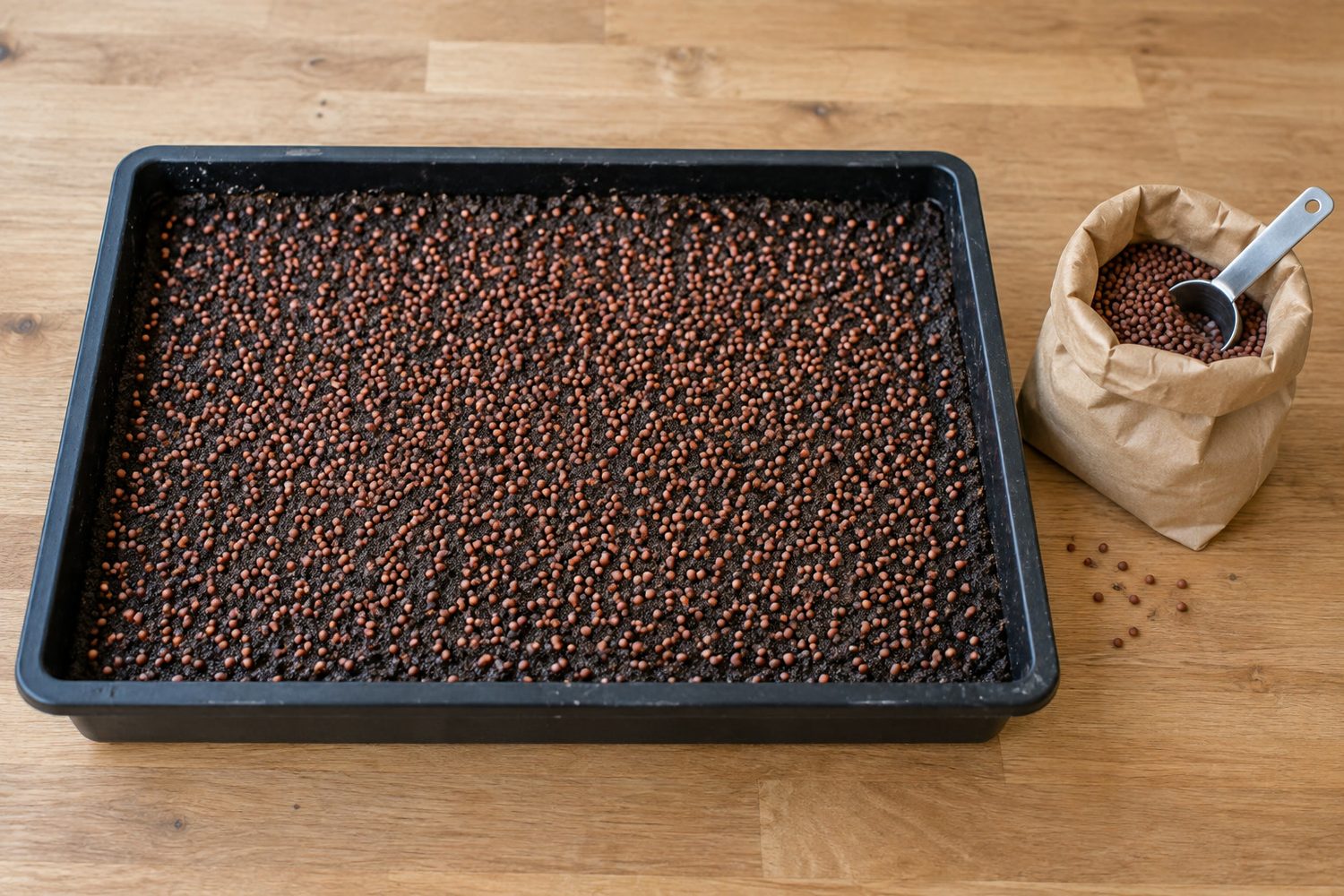 Shallow black growing tray of dark growing mix covered with a dense even layer of small round brown radish seeds, beside a small open plain paper bag of radish seed with a metal scoop resting inside