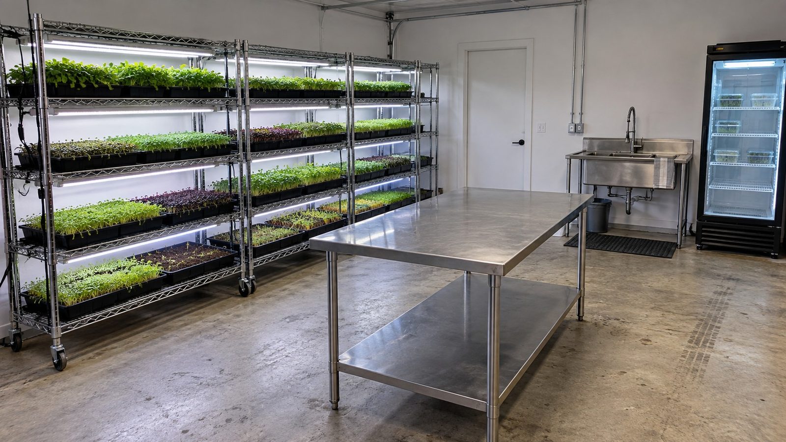 Converted garage set up for growing microgreens, with wire racks of trays under LED lights, a stainless steel harvest table, a freestanding sink and a glass door refrigerator