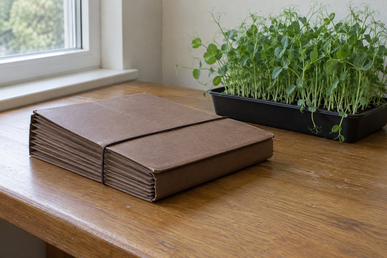 Closed plain brown accordion file folder lying on a wooden desk next to a black tray of pea shoots with curling tendrils