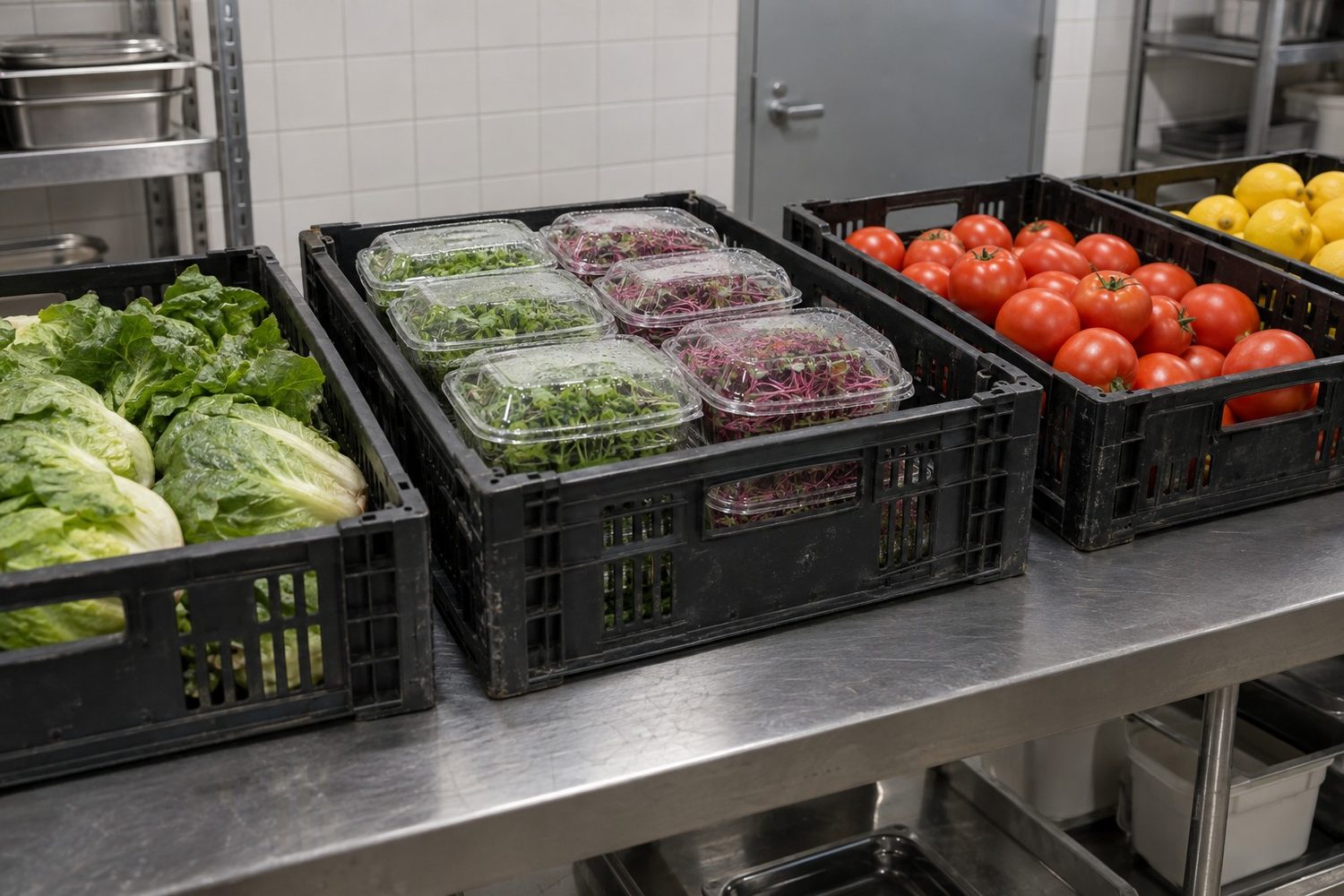 Plain crate of clear clamshells of microgreens on a stainless shelf in a restaurant back room, beside crates of lettuce, tomatoes and lemons