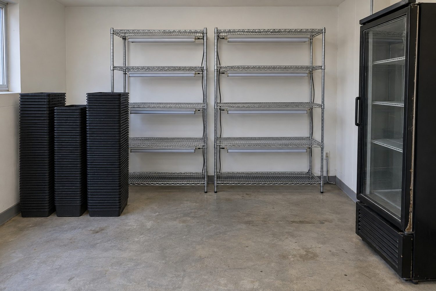 Empty chrome wire racks with LED shop lights under each shelf, tall stacks of empty black growing trays on the floor and a glass door refrigerator in one room