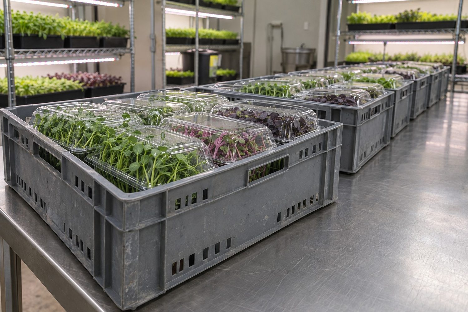 Row of plain gray produce crates on a clean stainless table, each filled with closed clear clamshells of microgreens