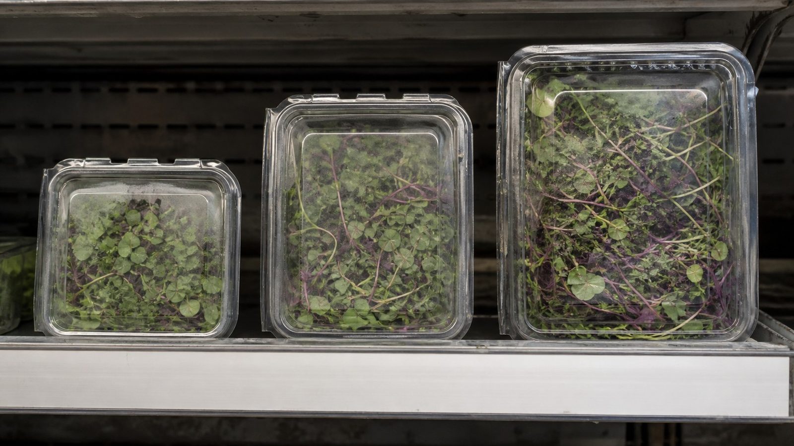 Three sealed clear clamshells of microgreens of noticeably different sizes standing side by side on a refrigerated supermarket shelf, the greens visible through the lids and a plain shelf edge below them, photographed square on at shelf height in flat store light