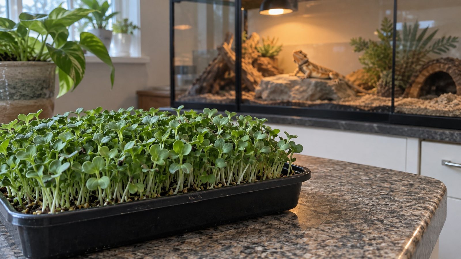 Tray of broccoli microgreens on a kitchen counter in the foreground with a bearded dragon basking on a rock in a terrarium behind it