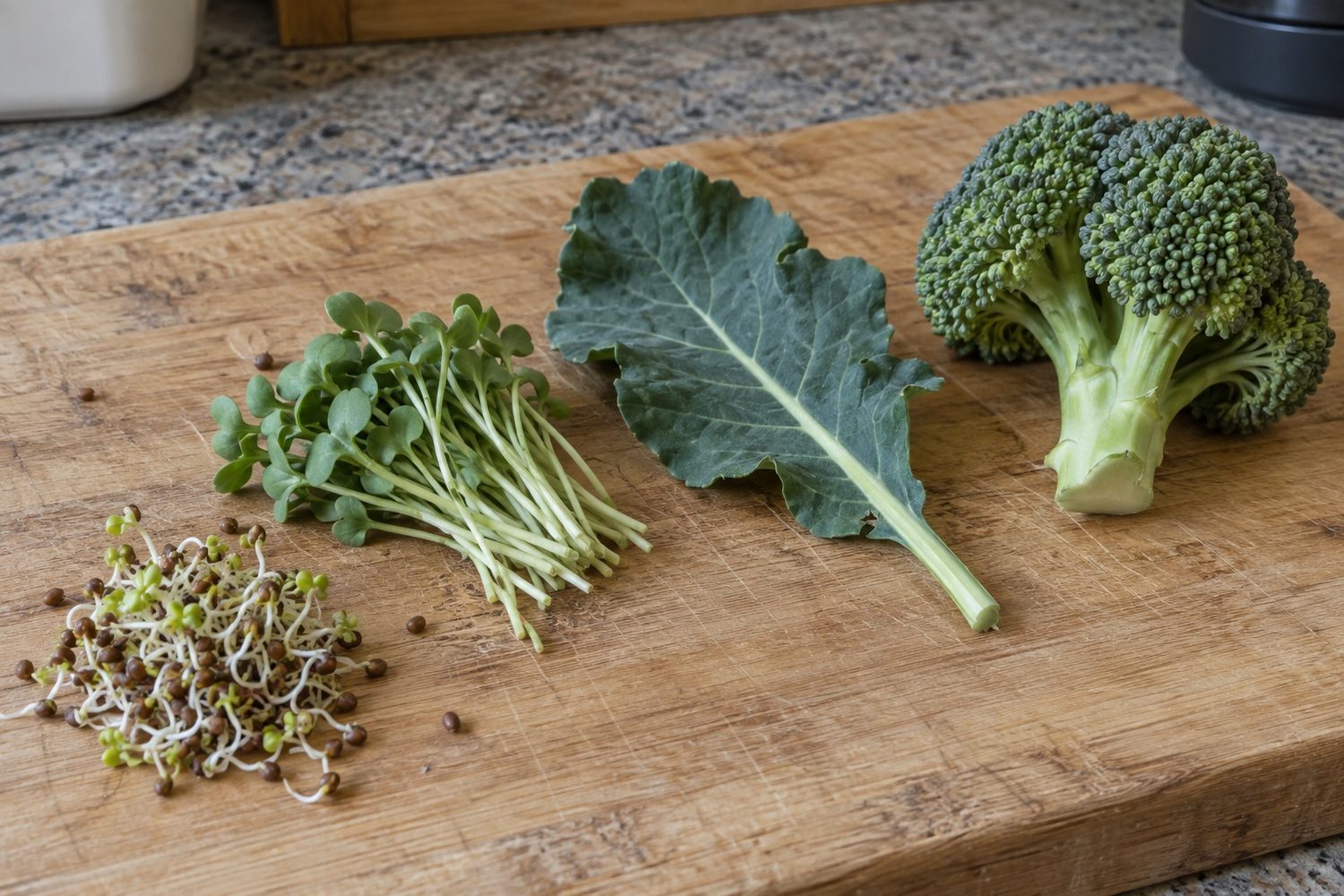 Broccoli sprouts with seeds attached, cut broccoli microgreens, a large mature broccoli leaf and a broccoli floret side by side on a wooden board