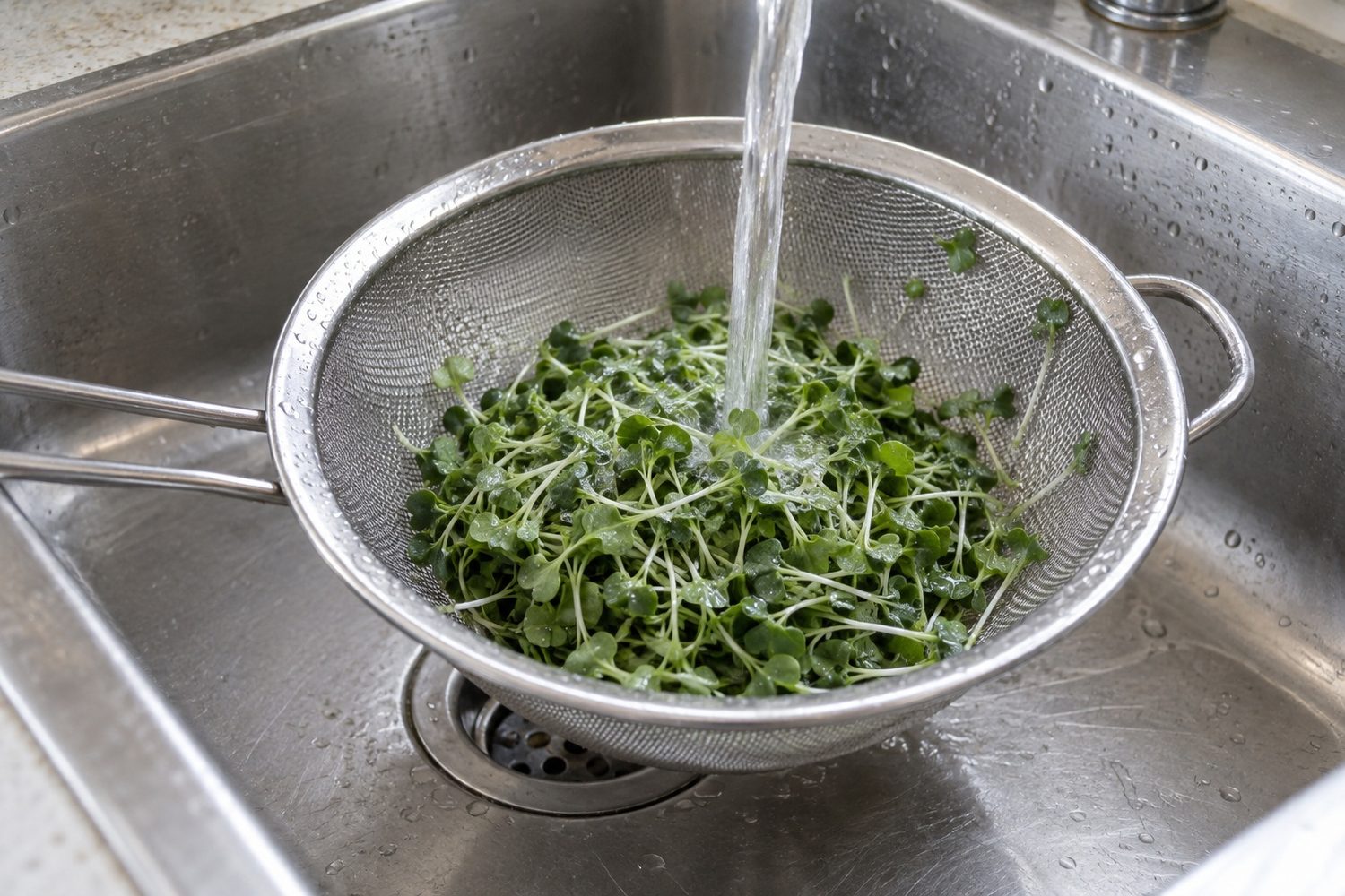 Cut broccoli microgreens in a fine mesh strainer in a stainless kitchen sink under a thin stream of running tap water