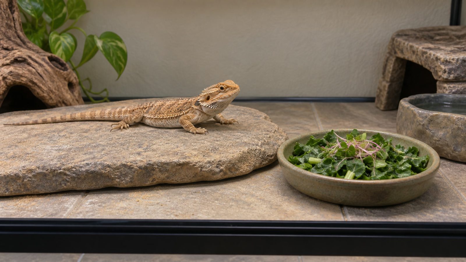 Bearded dragon resting on a basking stone in a terrarium near a shallow dish of chopped dark leafy greens topped with a small pinch of radish microgreens