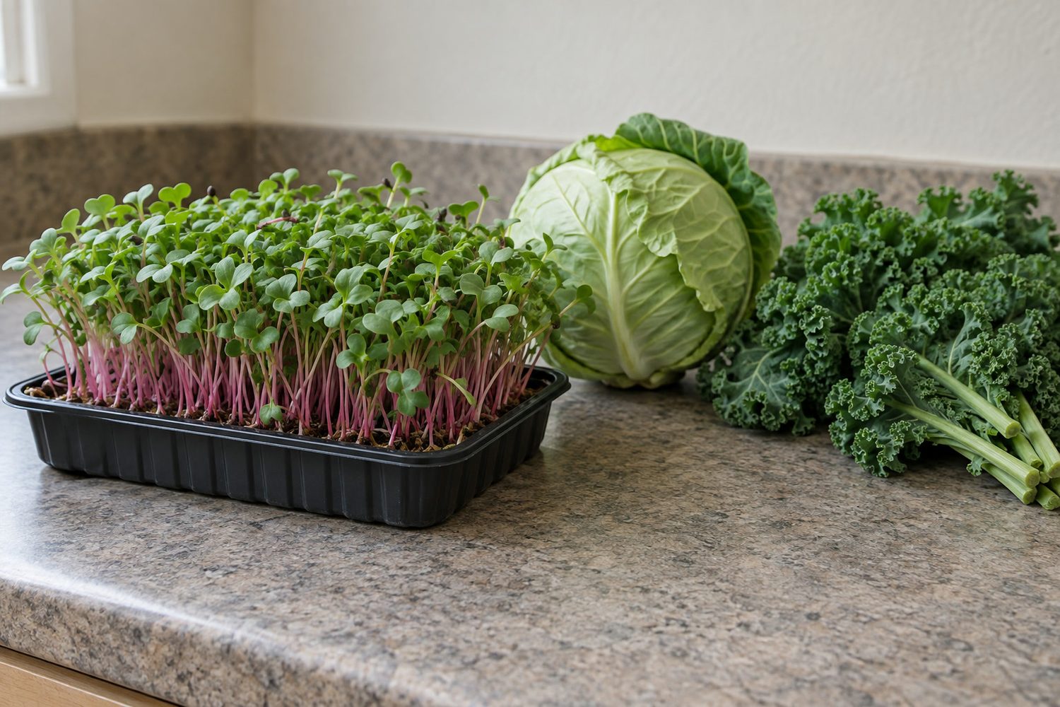 Shallow tray of radish microgreens on a kitchen counter next to a whole green cabbage and a bunch of curly kale