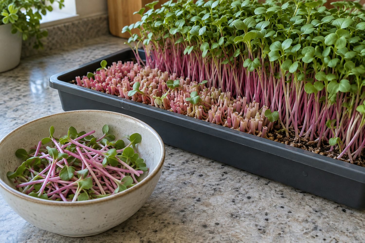 Tray of radish microgreens with one end cut cleanly above the growing medium, beside a small bowl holding only the cut shoots
