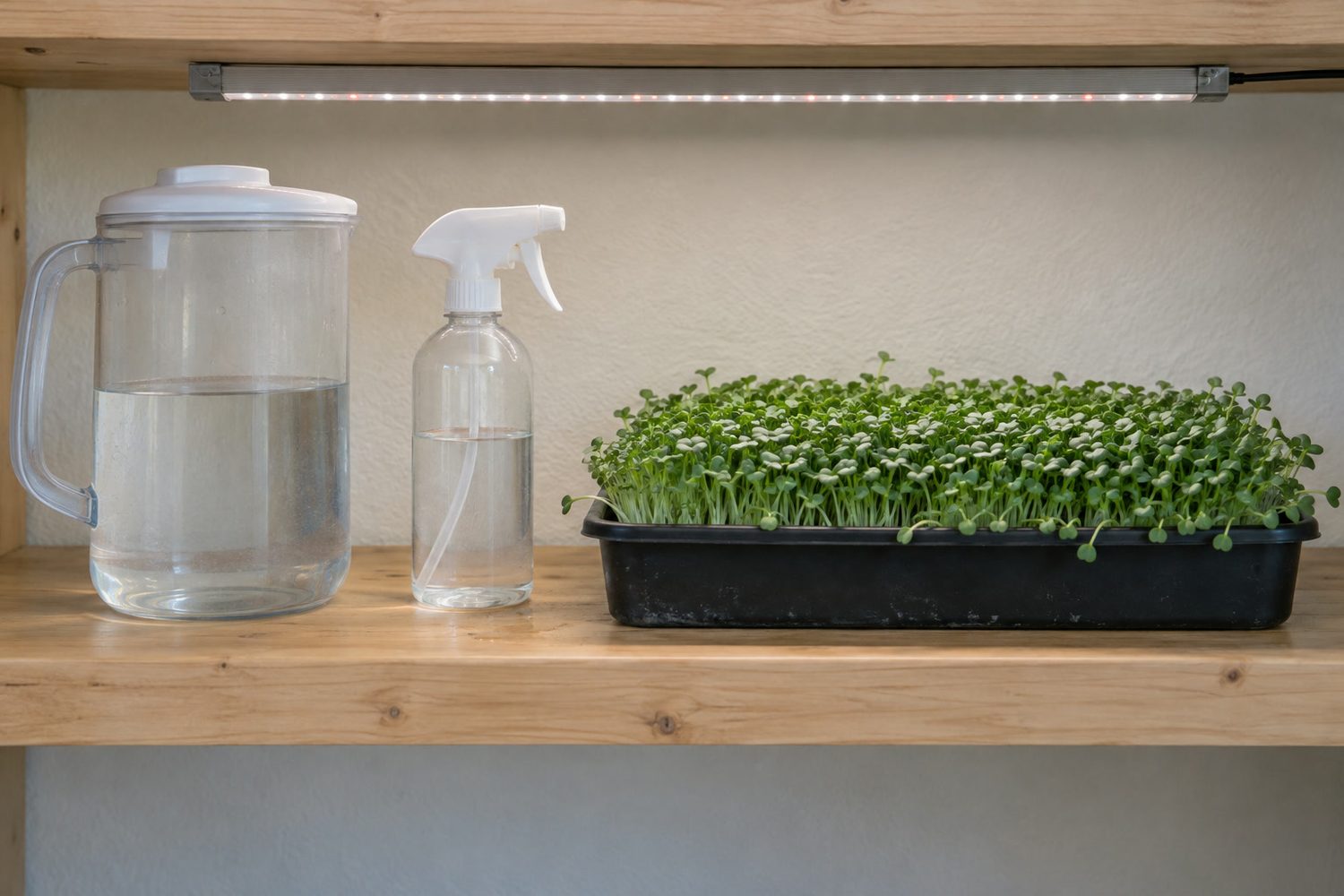Clear lidded plastic water jug and a plain white spray bottle standing on a wooden home grow shelf beside a shallow black tray of green broccoli microgreens