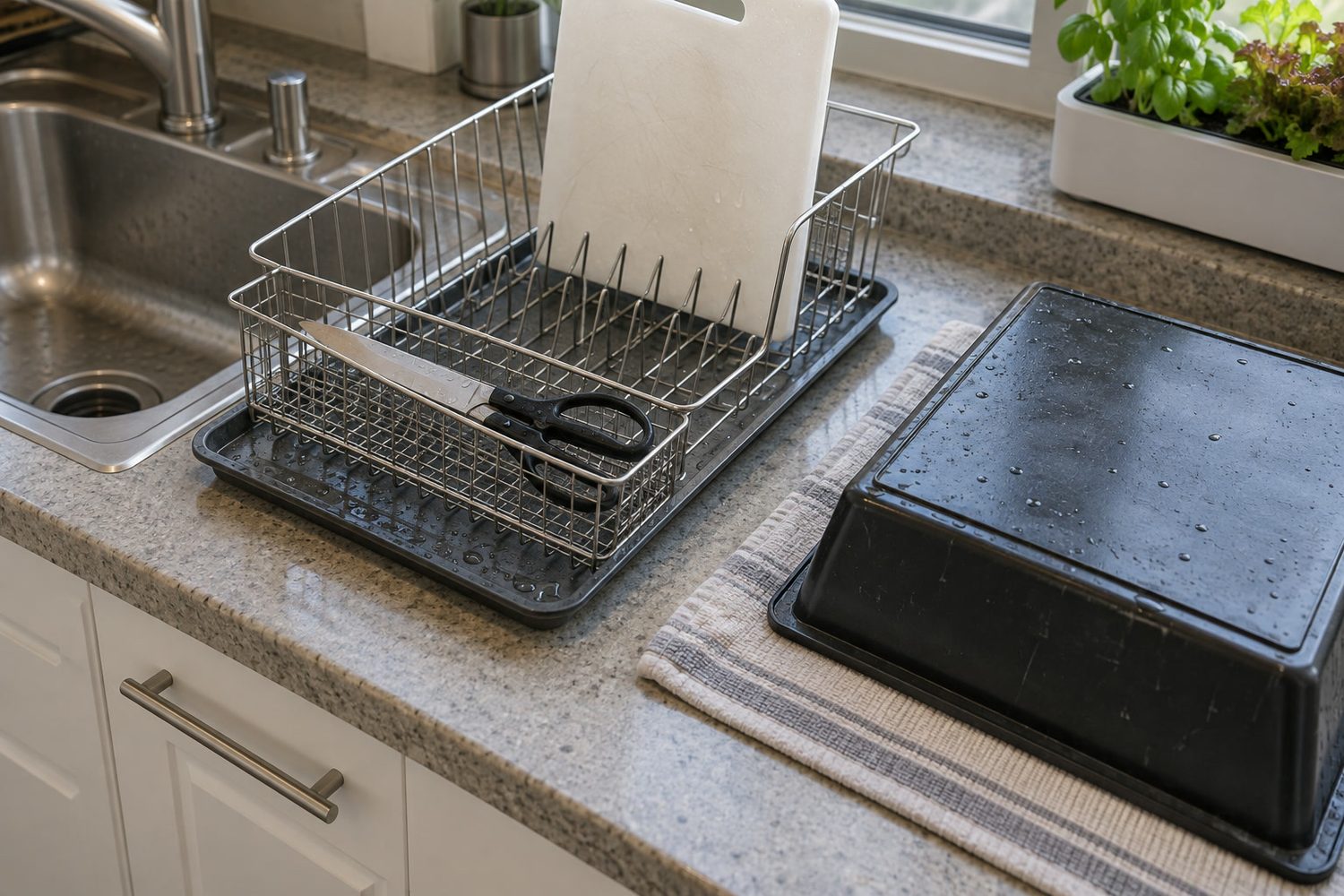 Stainless harvest knife, kitchen scissors and a white cutting board resting on a dish drying rack beside a kitchen sink, with an empty shallow black growing tray drying upside down next to the rack
