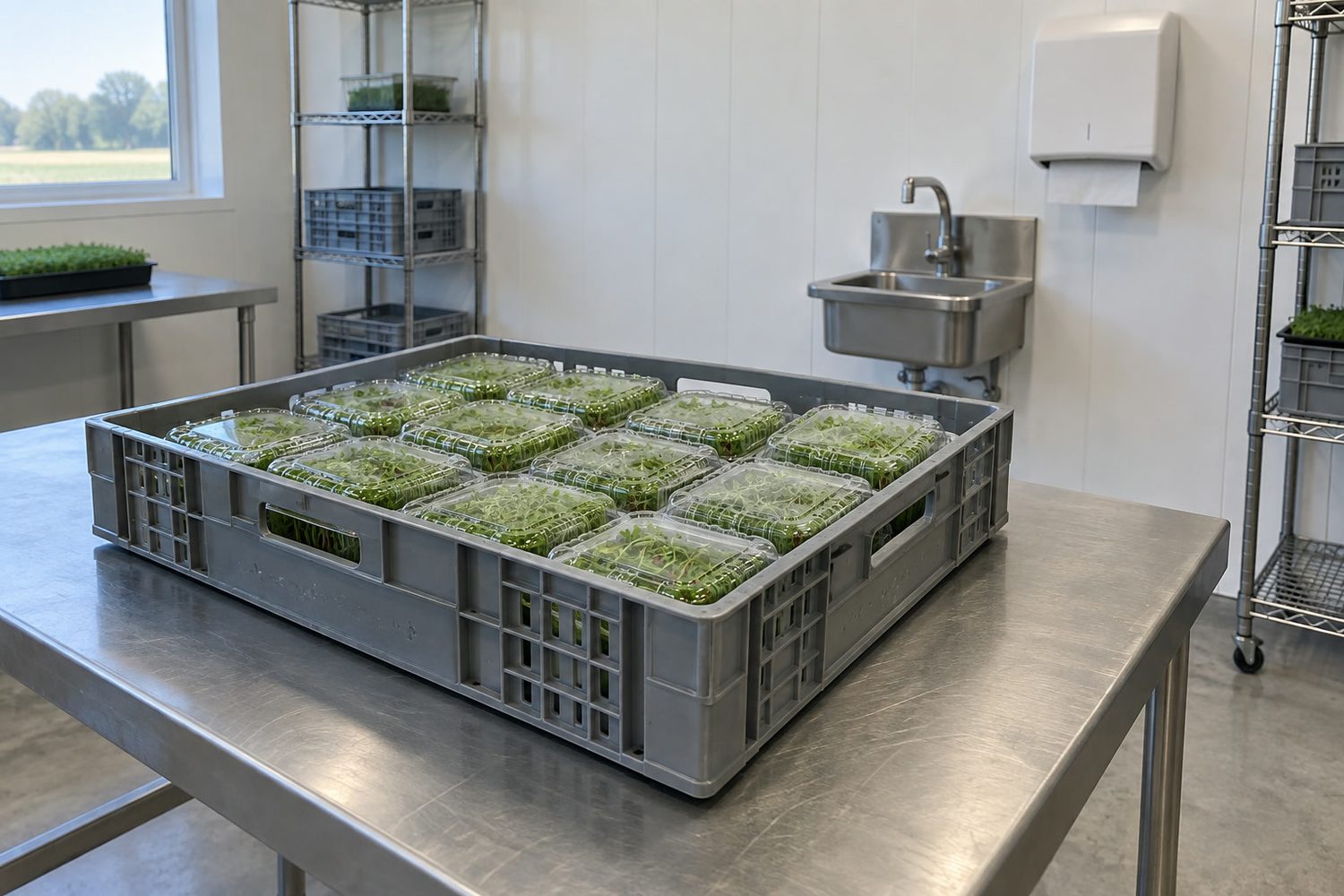 Small farm packing room with a wall mounted stainless hand washing sink and a white paper towel dispenser, beside a stainless table holding a plastic crate of closed clear clamshells of microgreens