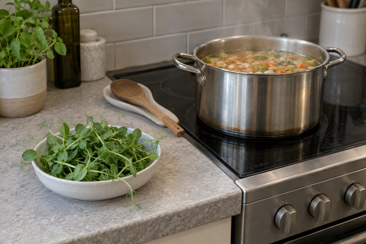 Stainless pot of vegetable soup simmering on a black glass stovetop with soft steam rising, and a small white dish of fresh green pea shoots on the counter beside the stove