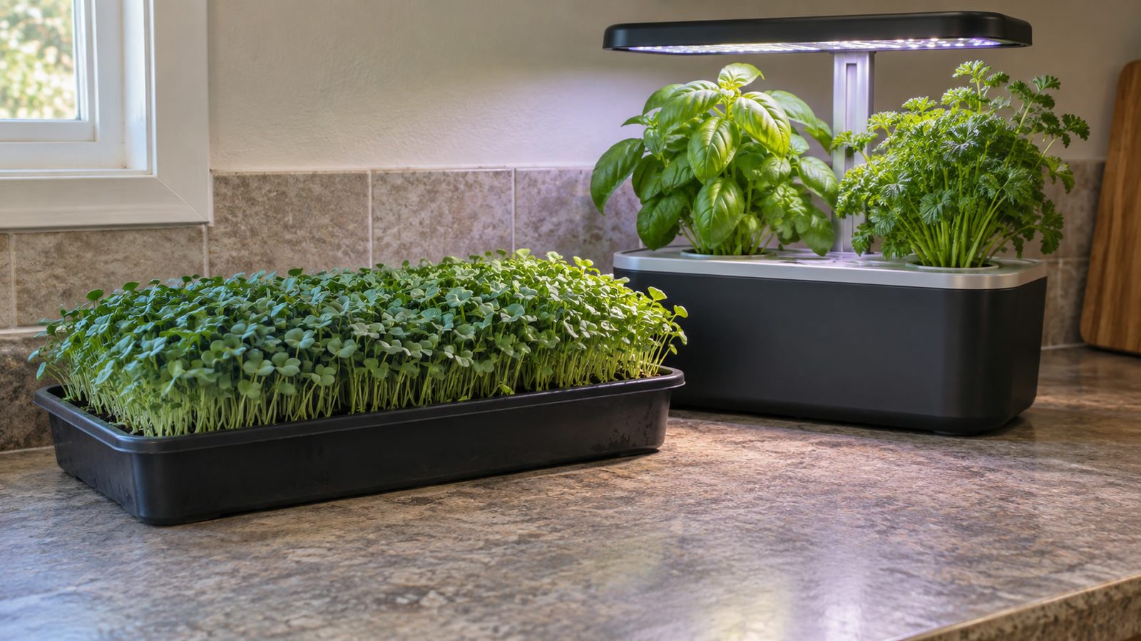 Shallow tray of young brassica microgreens on a kitchen counter beside a countertop hydroponic garden with its grow light on over basil and parsley