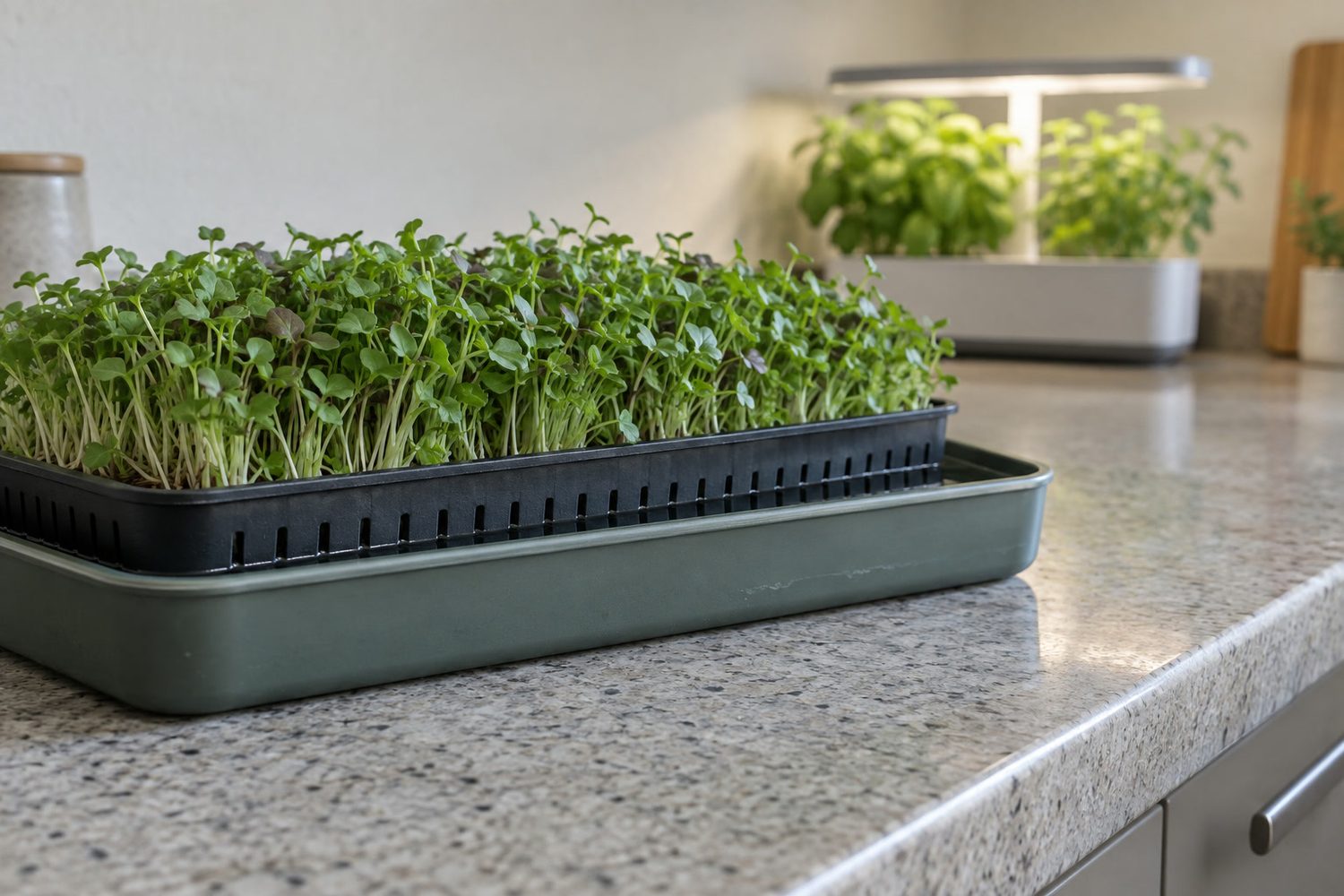 Shallow microgreen tray nested in a solid outer tray holding a thin layer of clean water, the greens above dry and upright, with a countertop garden out of focus behind