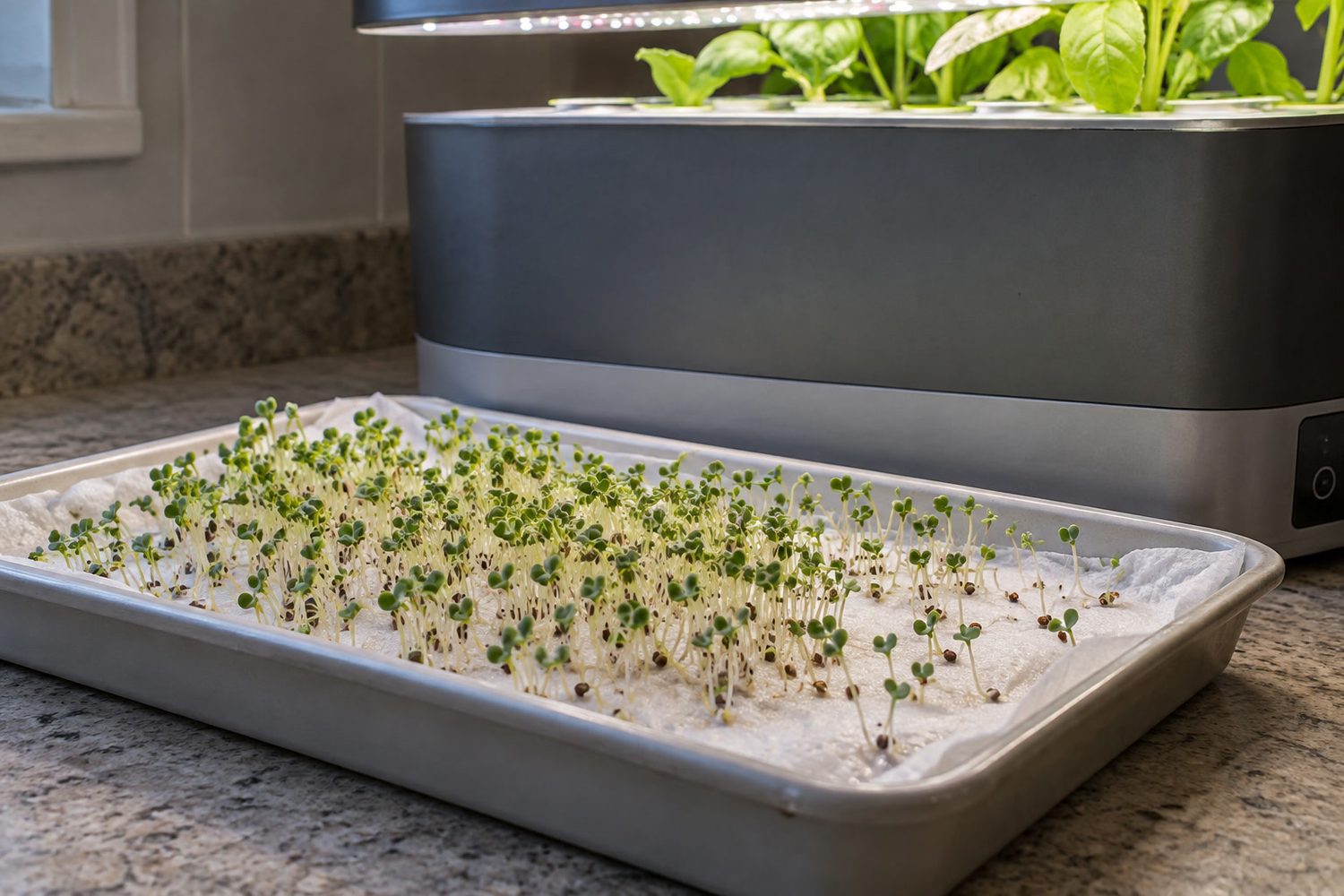 Small shallow tray lined with damp white paper towel holding an even carpet of just-germinated brassica seedlings next to the base of a countertop garden, the lit lamp hood edge at the top of the frame
