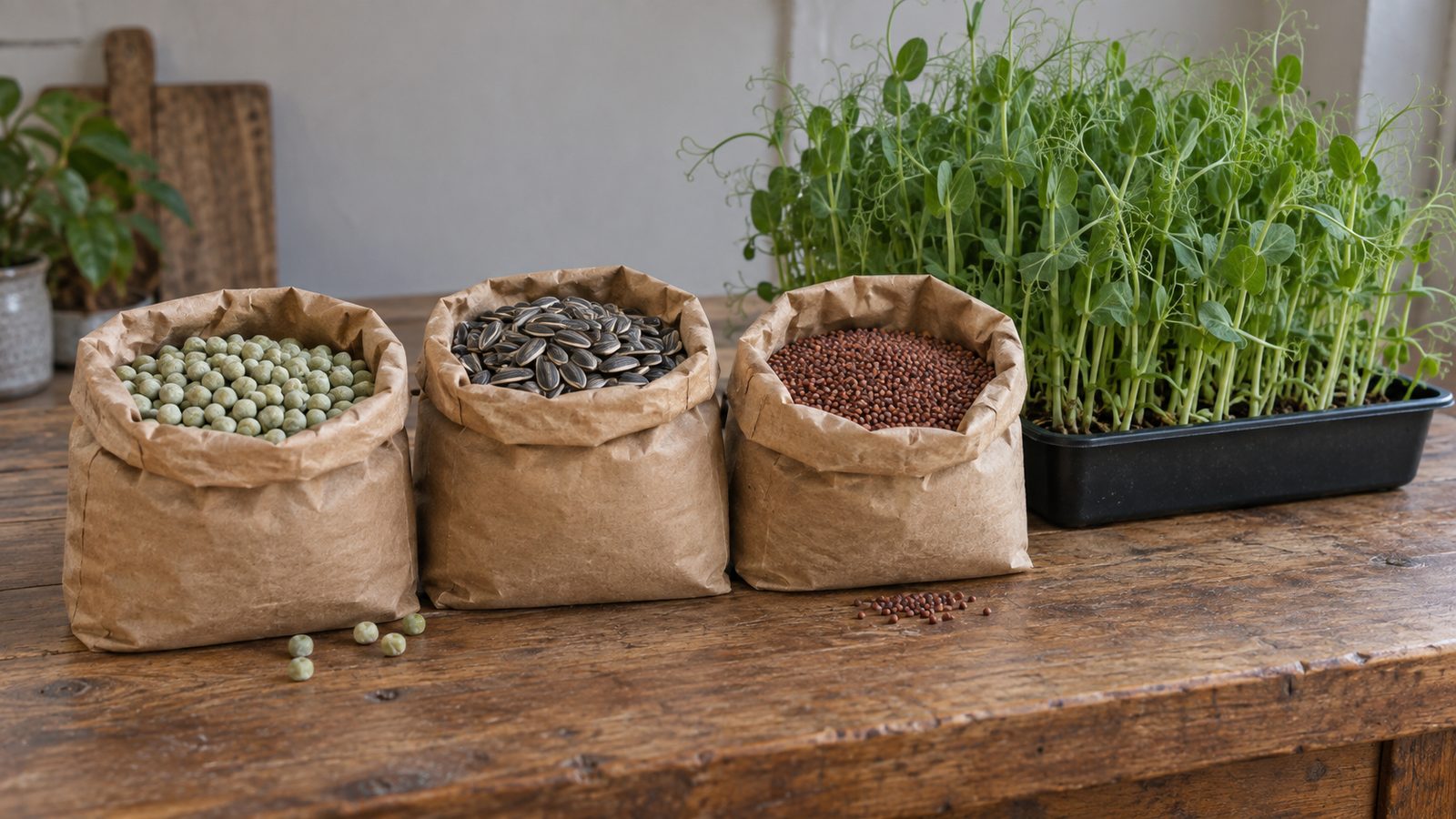 Three open plain kraft paper sacks of whole peas, striped sunflower seed and small radish seed on a wooden table beside a tray of tall pea shoots