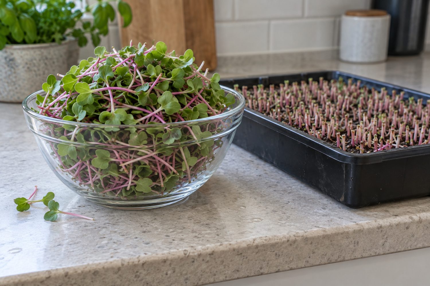 Clear glass bowl heaped with freshly cut radish microgreens beside the tray they came from, which shows short neat cut stubble, on a kitchen counter
