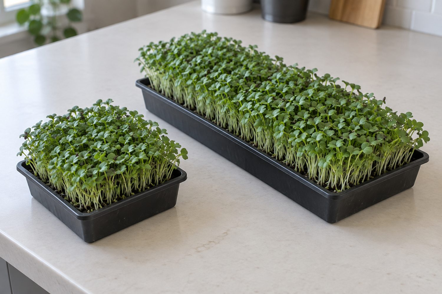 Small square tray beside a full size rectangular tray, both growing even green broccoli microgreens, on a work table