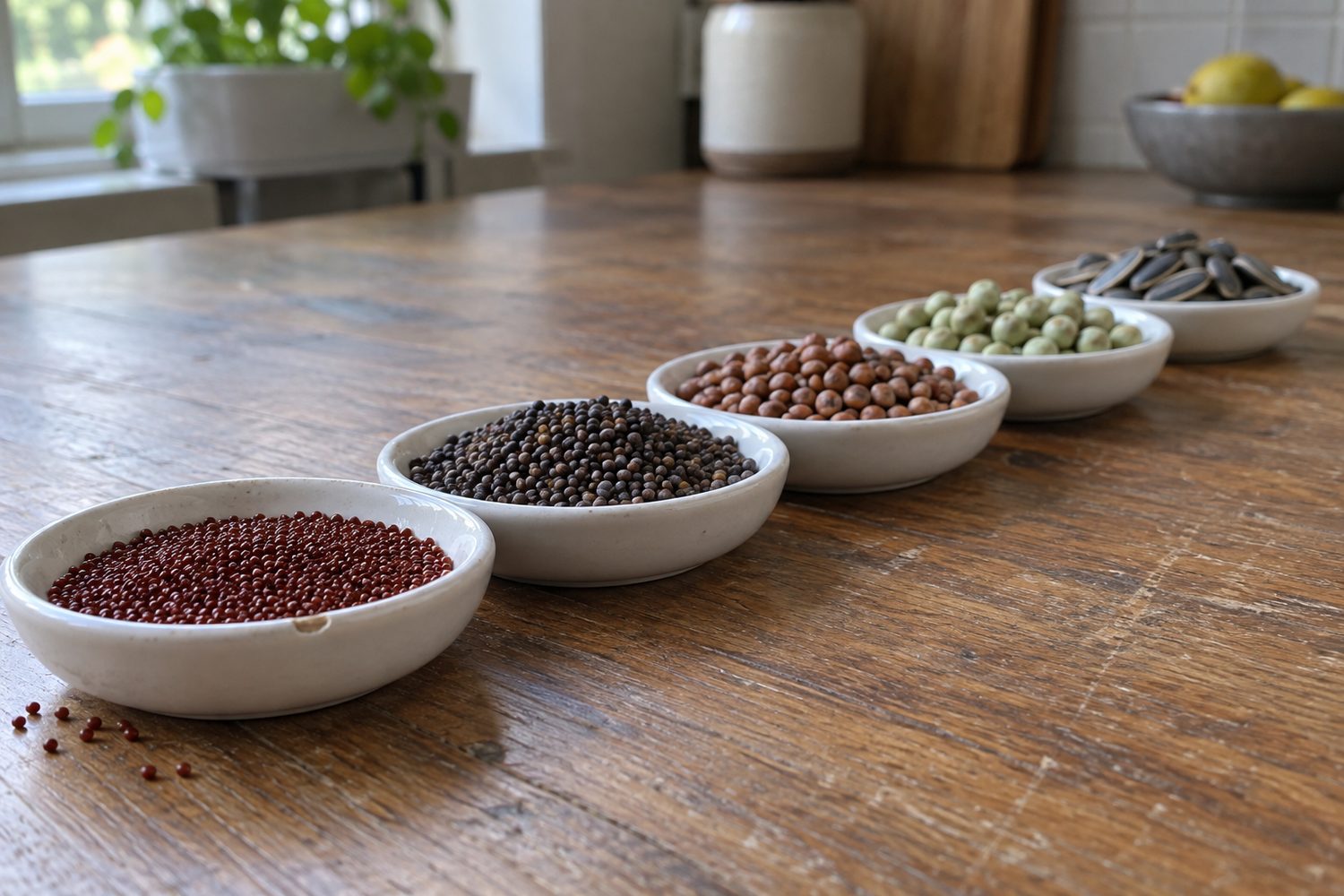 Row of small white ceramic dishes on a wooden table, each holding a different microgreen seed from tiny to large: amaranth, broccoli, radish, pea and striped sunflower