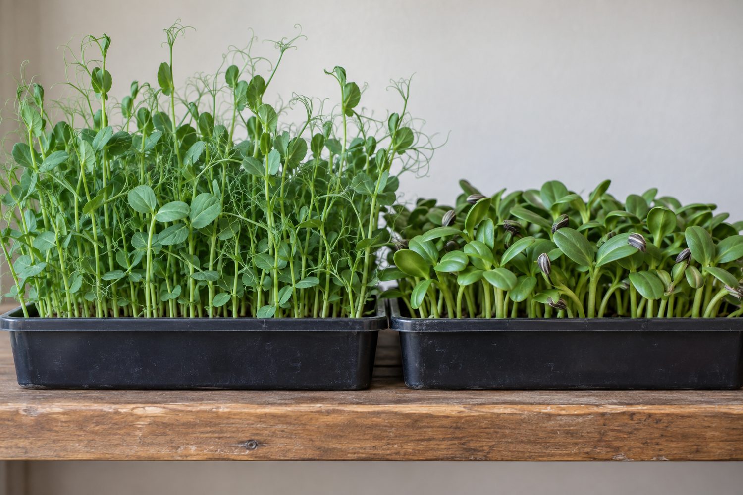 Tray of tall pea shoots with curling tendrils and a tray of sunflower shoots with broad seed leaves growing side by side on a wooden shelf