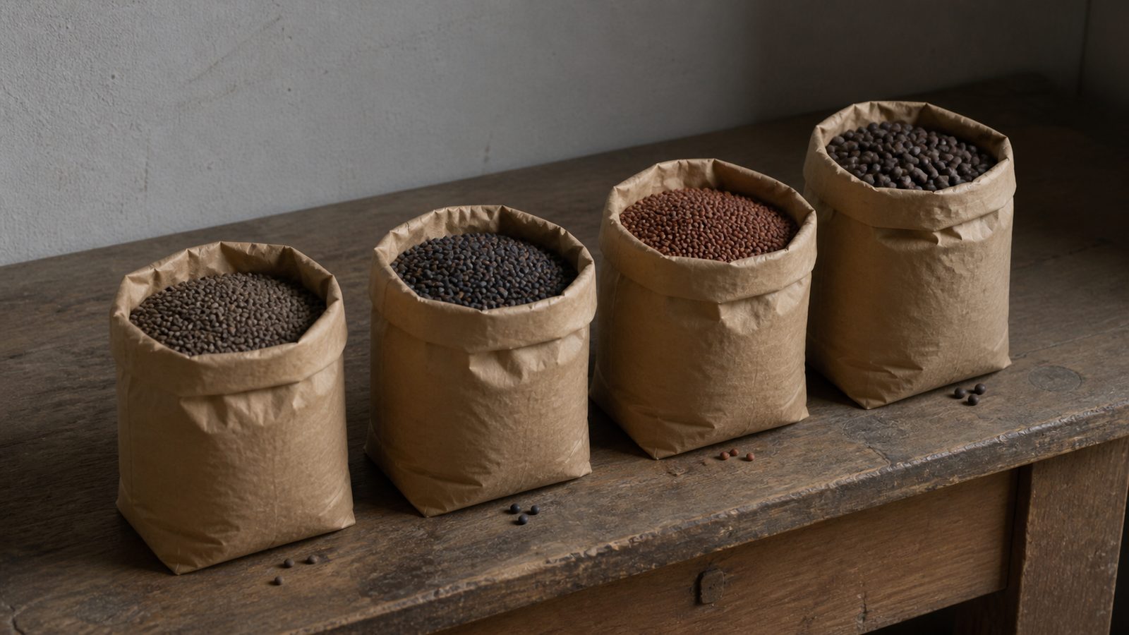 Four plain unprinted seed bags standing open in a row on a worn bench, each holding visibly different seed, two shades of small round brassica seed, one noticeably larger and darker and one distinctly reddish, photographed from slightly above in flat daylight