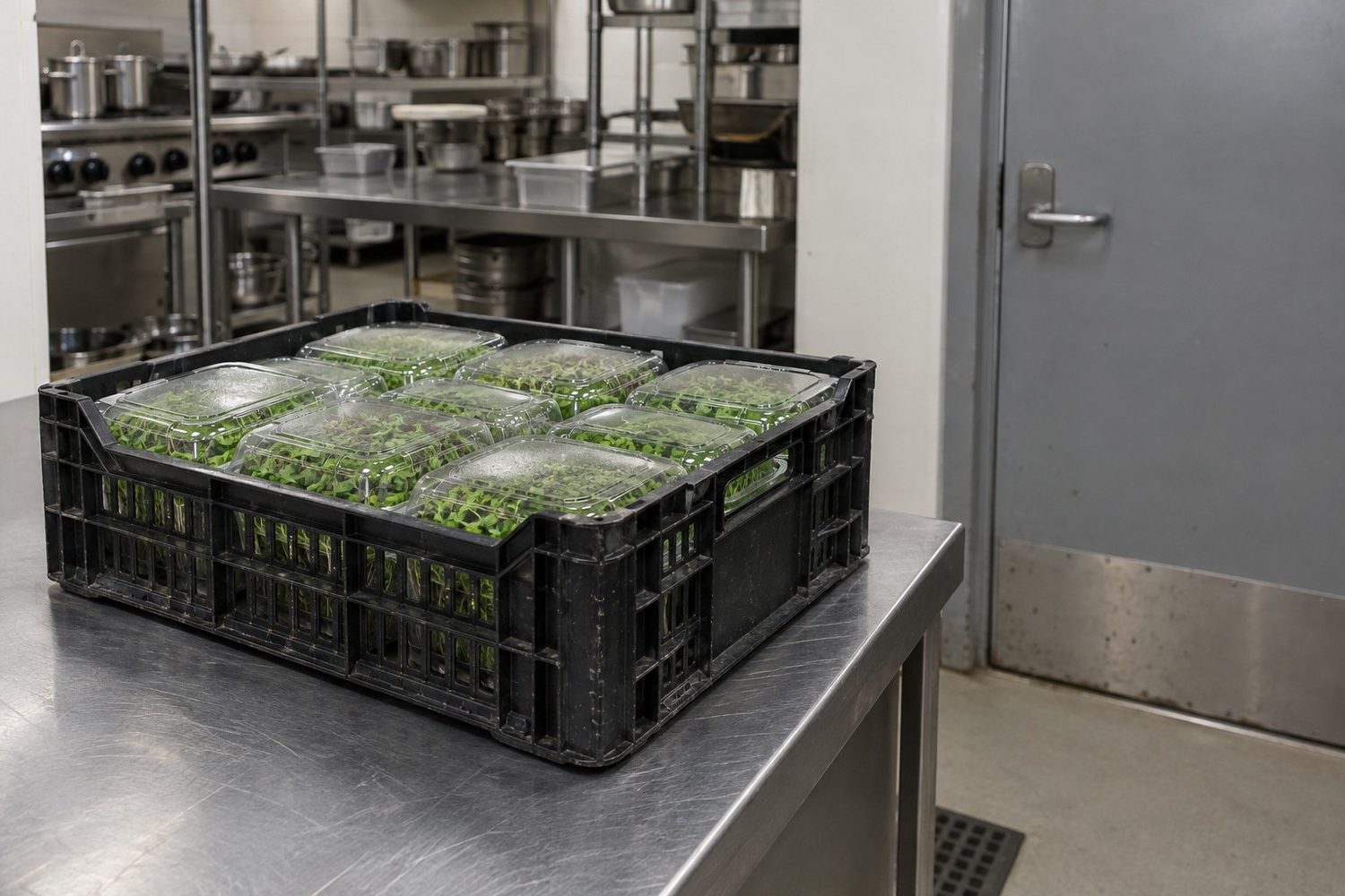 Plastic produce crate of closed clear clamshells of microgreens on a stainless steel prep counter just inside the back door of a clean restaurant kitchen
