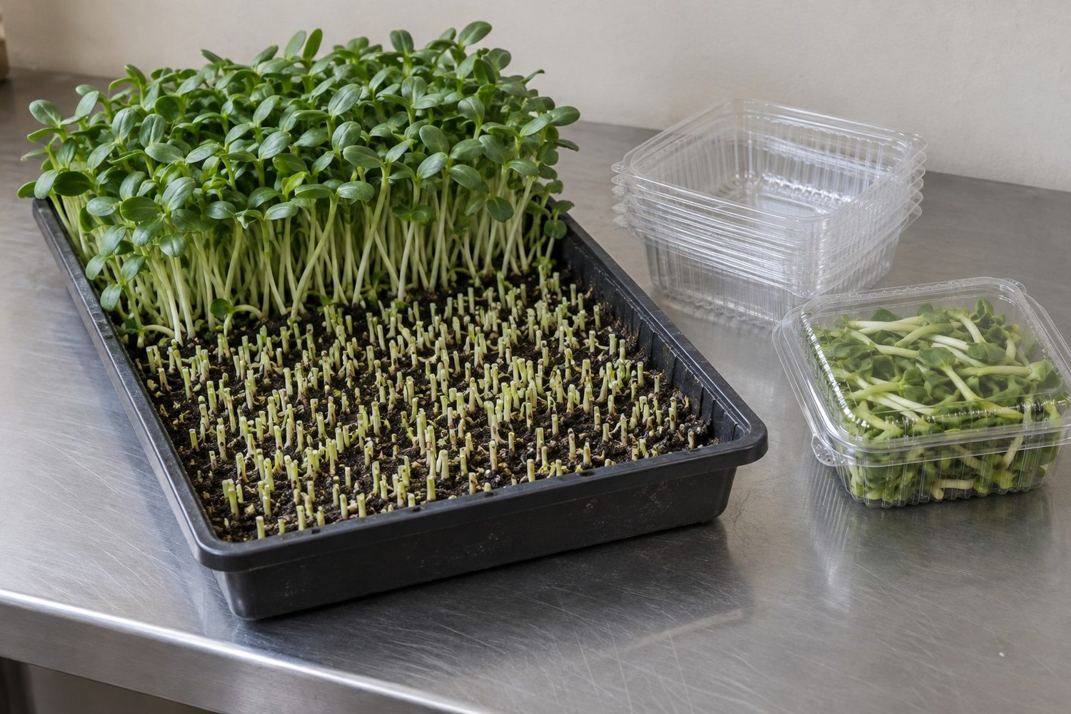 Tray of sunflower microgreens with one end cut down to short stems on a stainless steel table beside a small stack of open empty clear clamshells and one filled closed clamshell