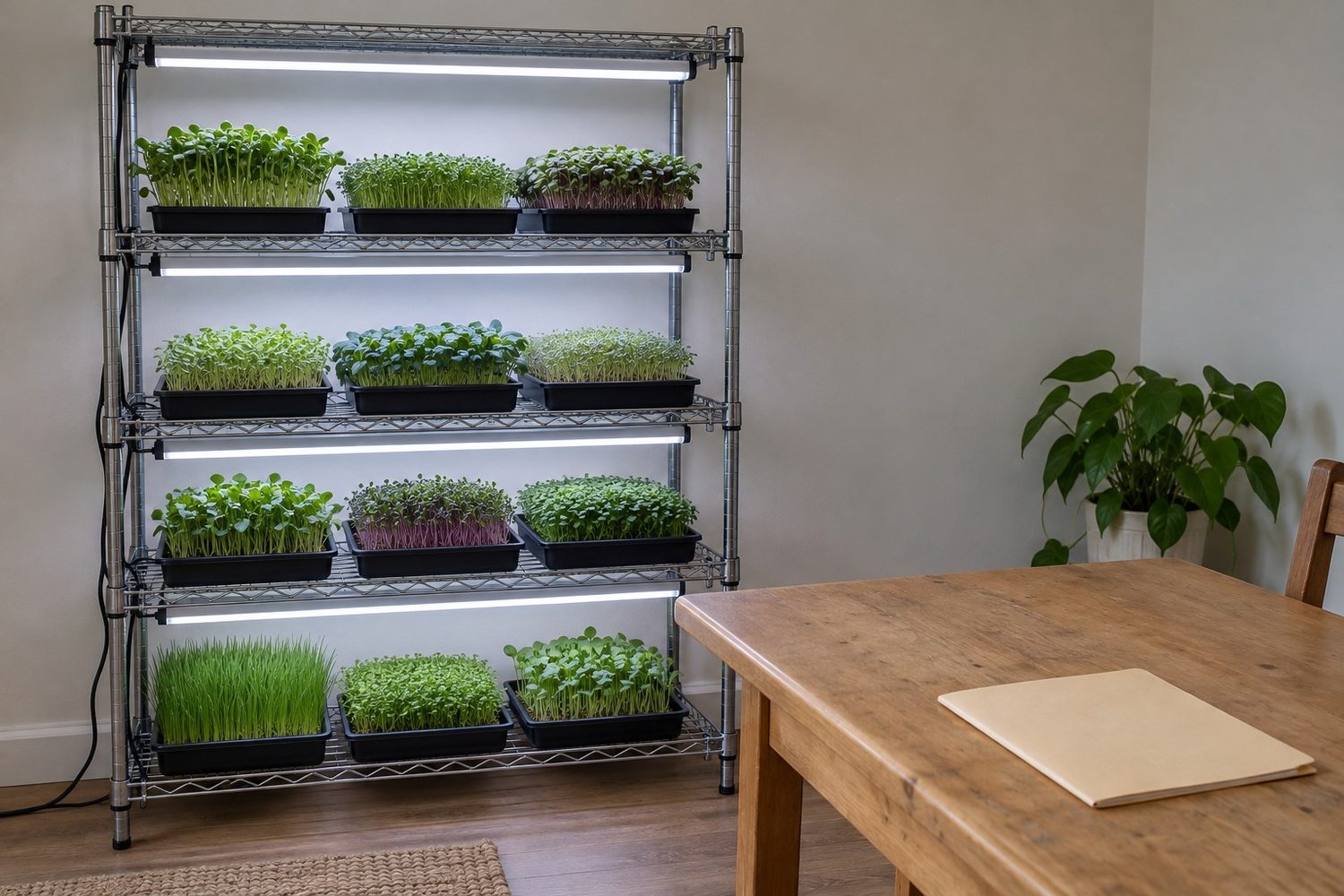 Tidy wire grow shelf of microgreen trays under slim LED lights beside a plain wooden table with a closed blank manila folder on it in a clean spare room