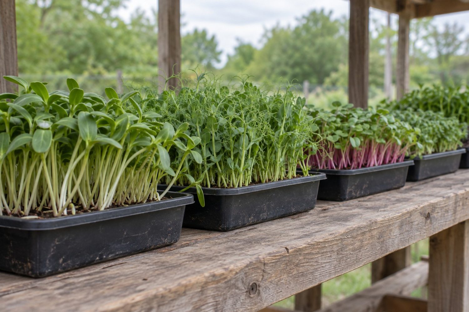 Row of small uncut living microgreen trays of sunflower, pea shoots and radish growing in dark growing mix on a wooden farm stand shelf
