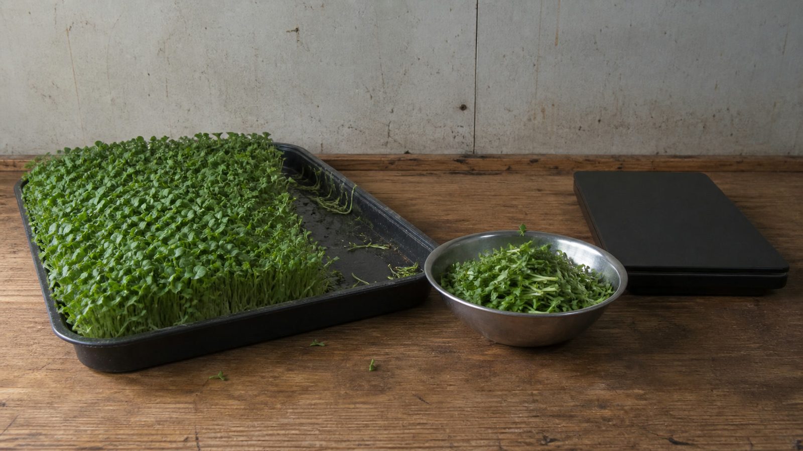 A half-harvested 1020 tray on a bench beside a small bowl of cut microgreens and a kitchen scale, photographed square on in flat daylight with no styling