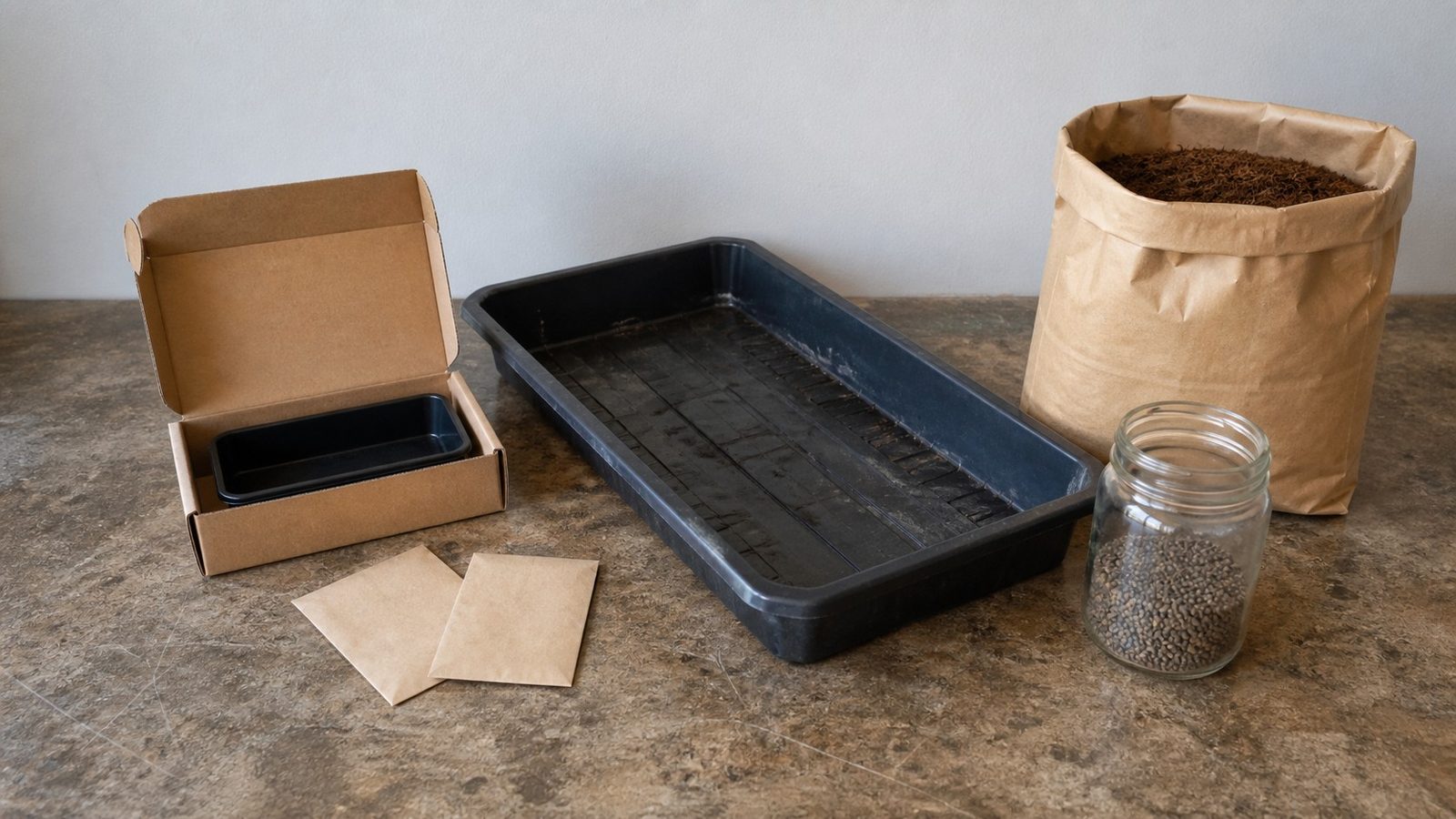 A small boxed microgreen starter kit with its shallow tray and seed packets laid out on a counter, beside a full-size 1020 tray, a bag of coir and a jar of loose seed representing the do-it-yourself equivalent, photographed side on at counter height in flat daylight