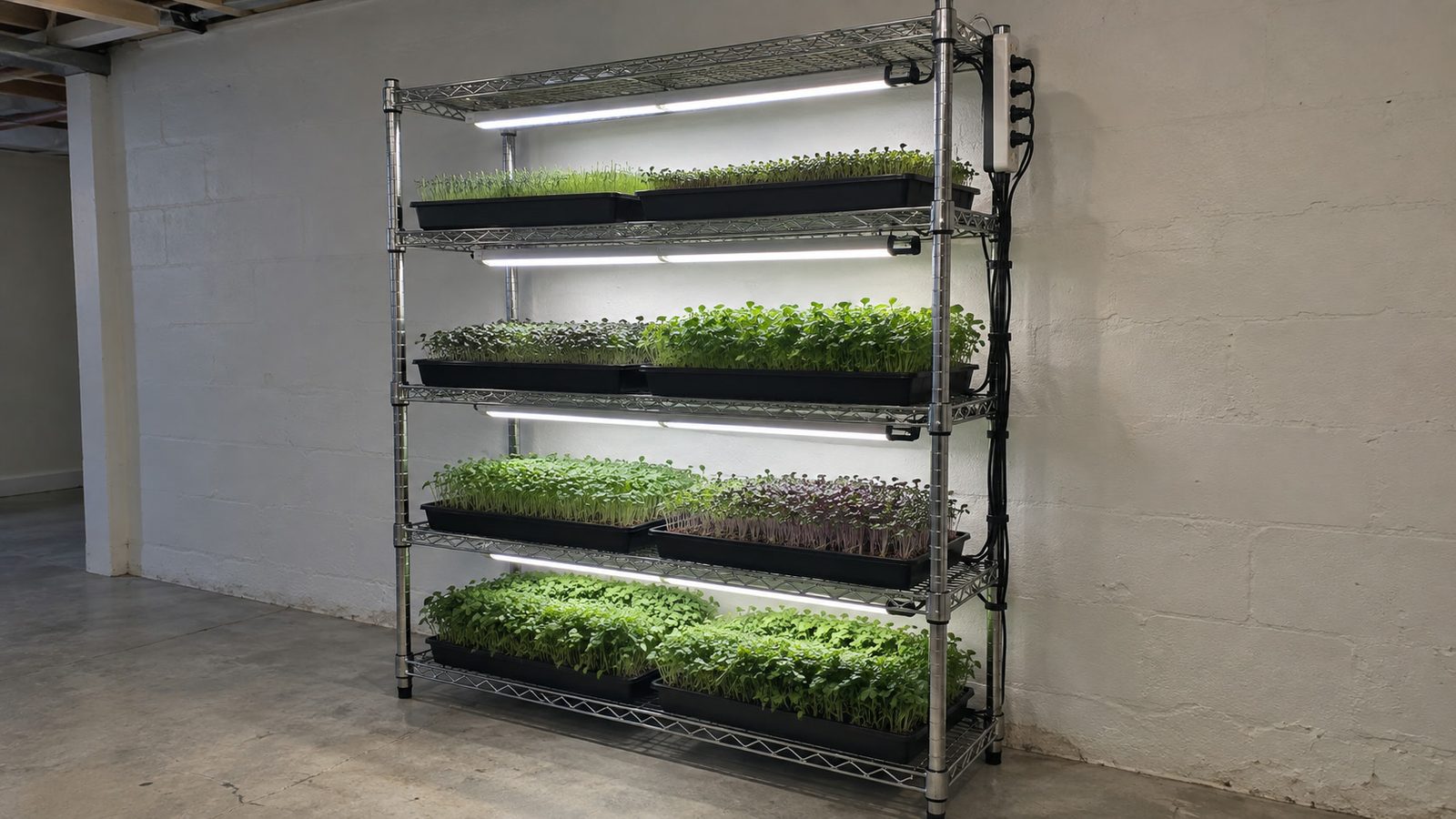 Four shelf wire rack of black microgreen trays under slim linked LED shop lights in a dry basement, the cords routed along one upright to a power strip mounted high on the side