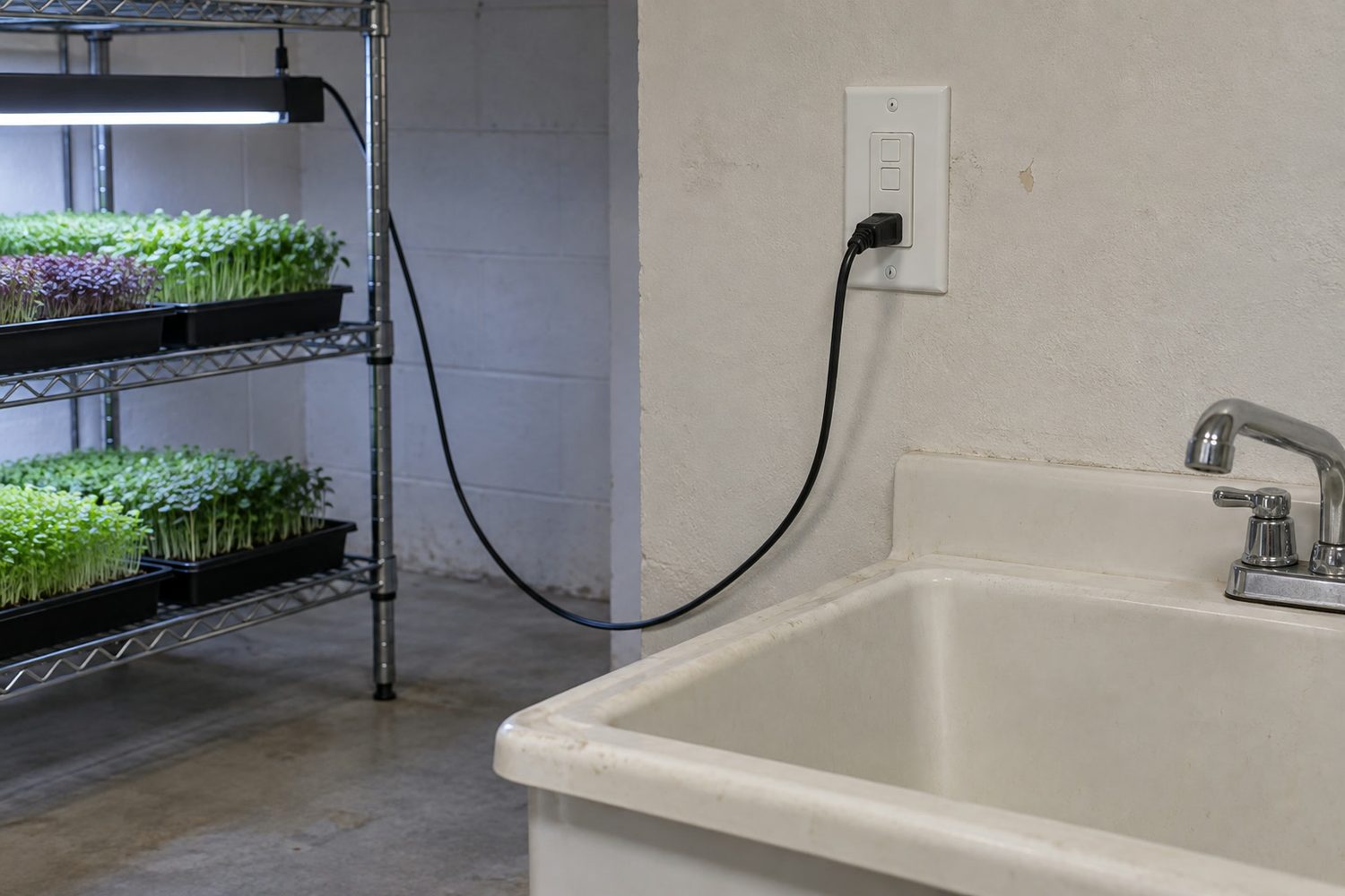 White GFCI wall outlet with plain test and reset buttons above a basement utility sink, one cord from a nearby rack plugged in with a drip loop, the rack of trays standing set back from the sink