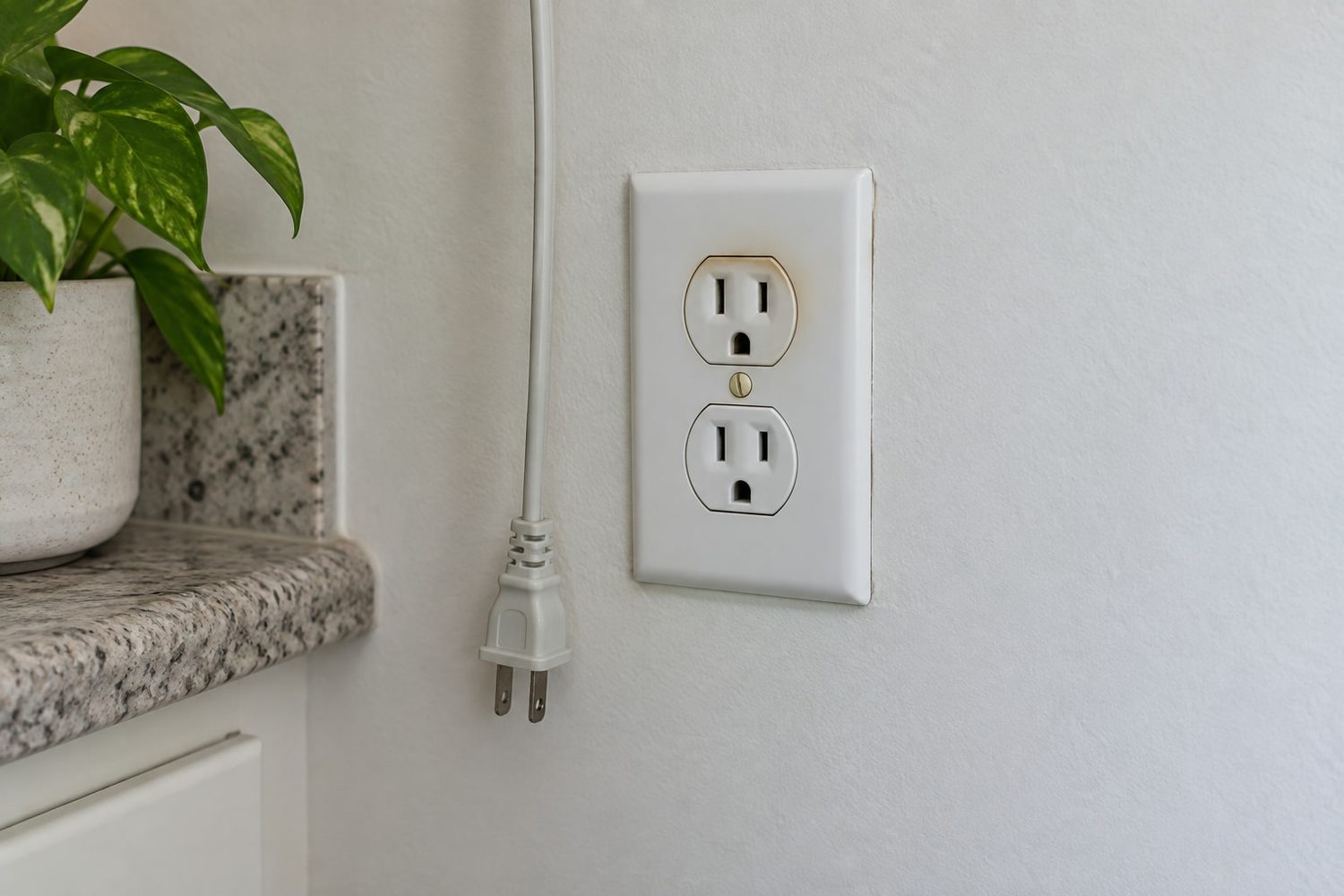 White wall outlet faceplate with a faint tan discolored patch around one socket, an unplugged cord hanging beside it on an otherwise clean wall