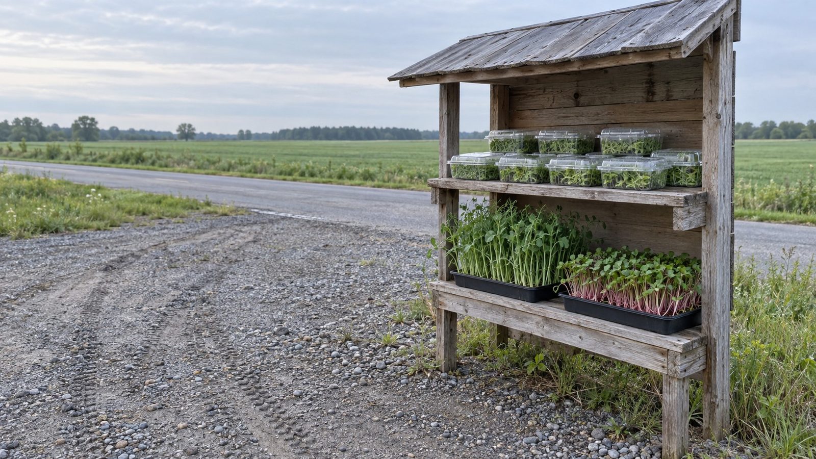 Weathered wooden roadside farm stand beside an empty gravel pull off, its shelves holding closed clear clamshells of microgreens and small living trays of pea shoots and radish microgreens, with green fields behind